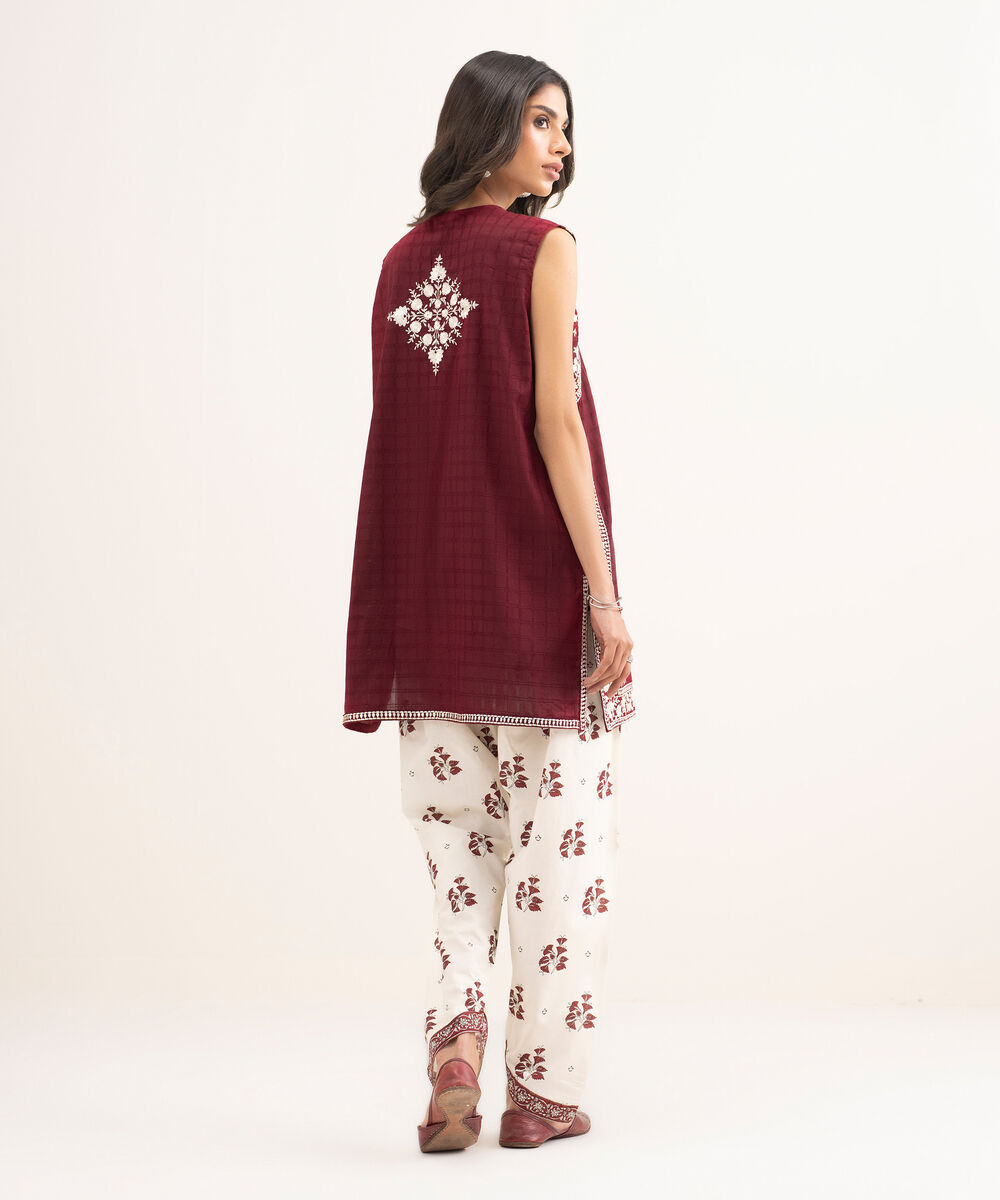 Women's RTW Cotton Embroidered Red Straight Shirt