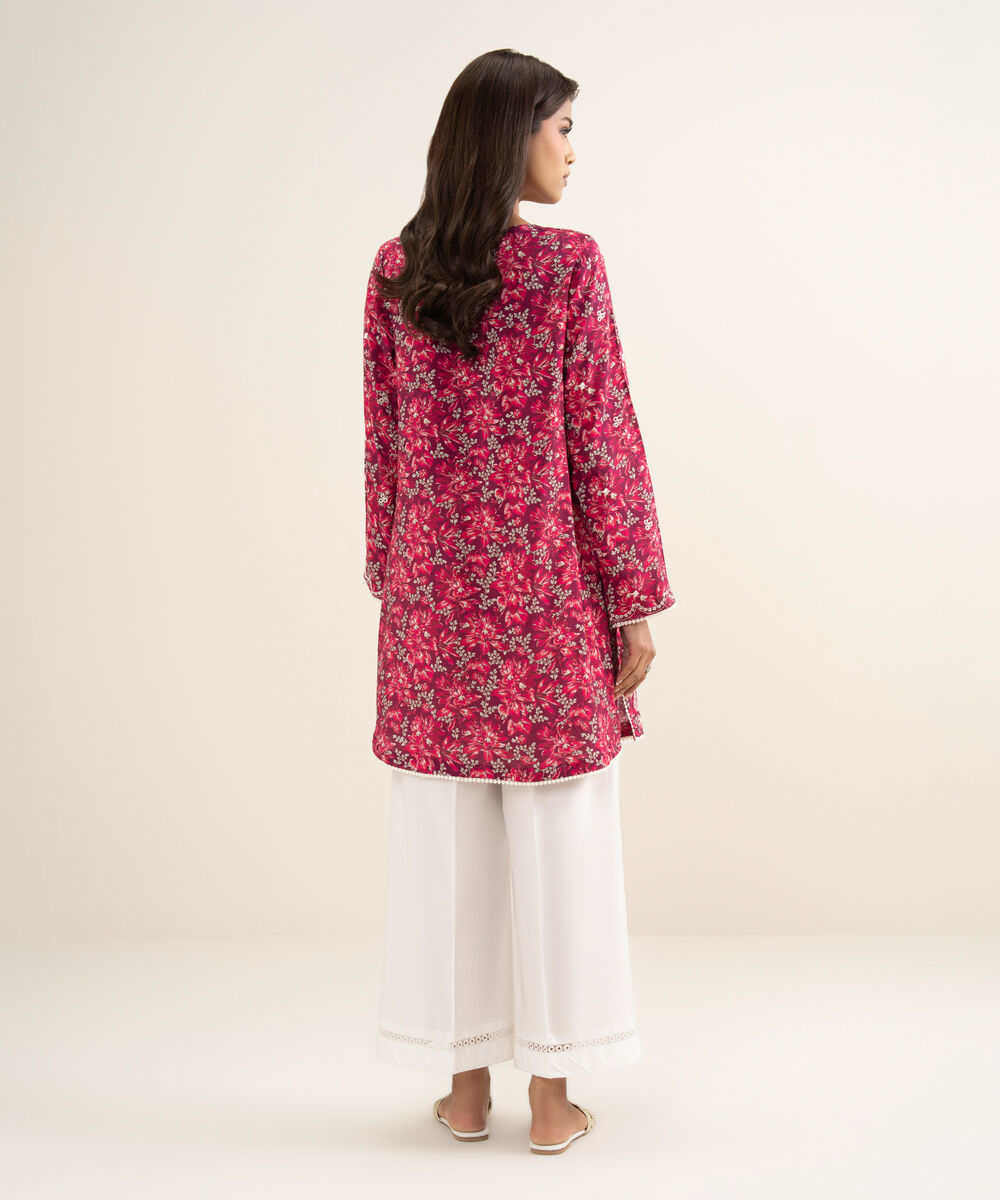 Women's RTW Viscose Raw Silk Embroidered Pink Straight Shirt
