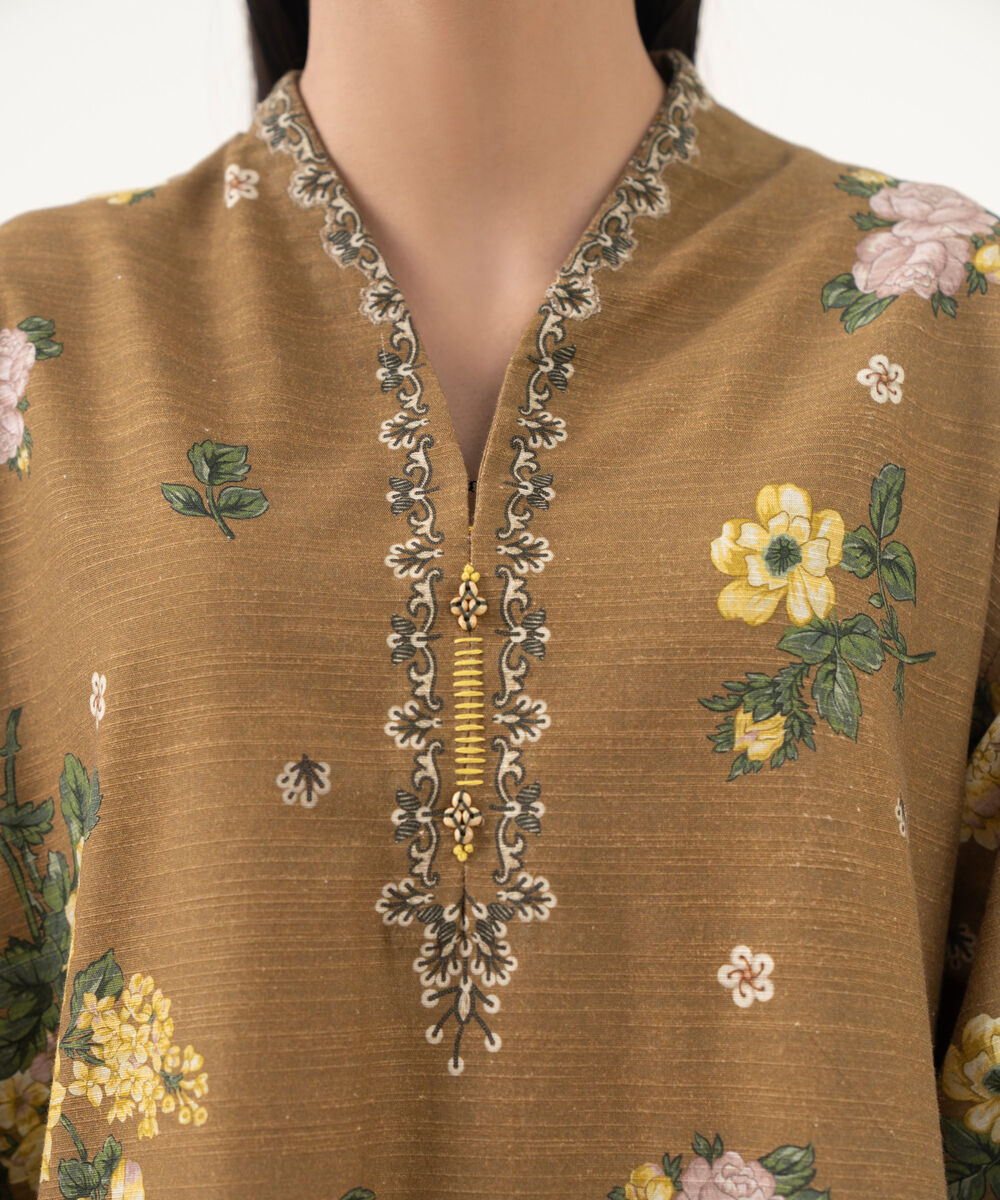 Women's Unstitched Light Khaddar Embroidered Brown 3 Piece Suit