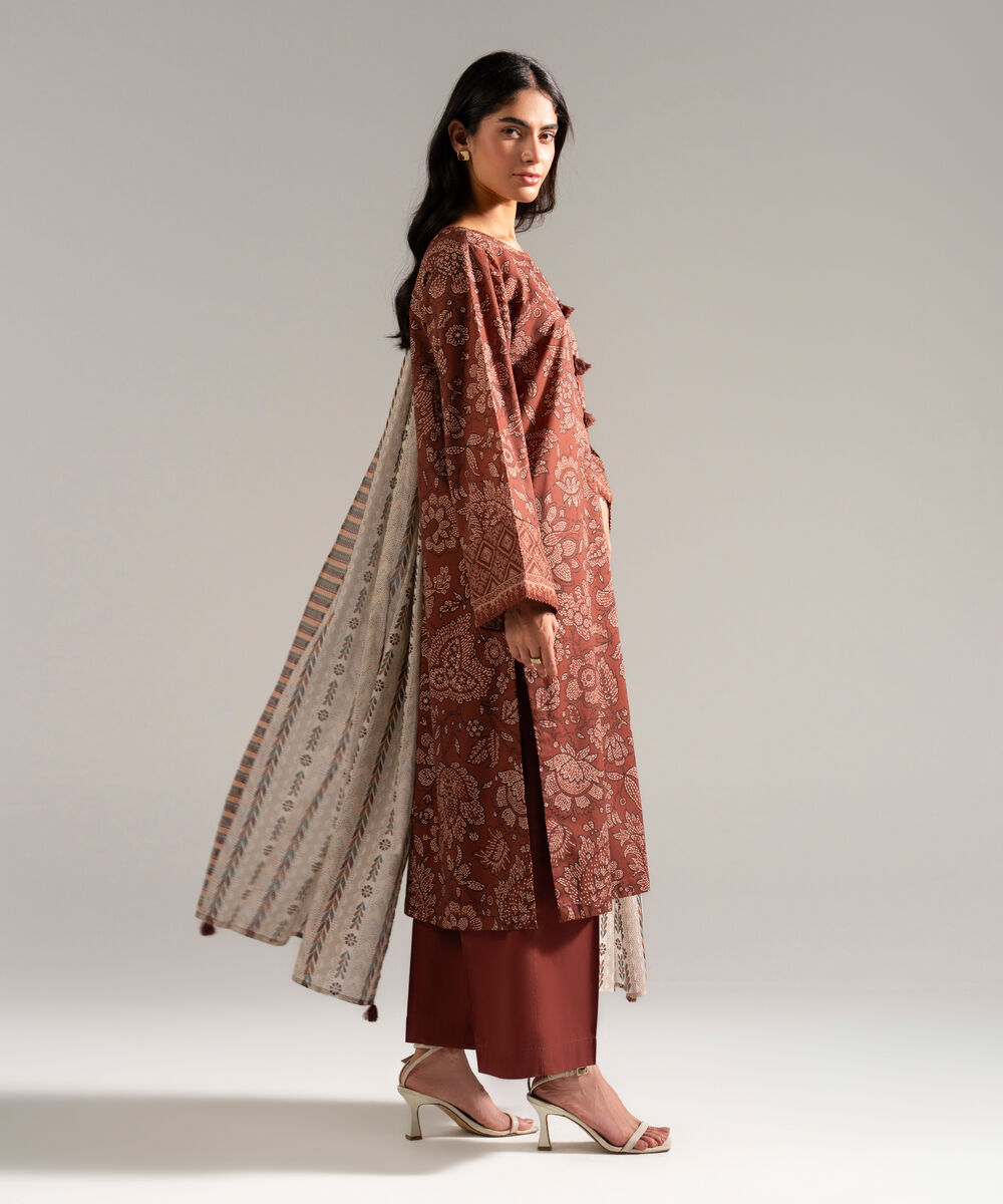 Women's RTW Slub Lawn Printed Brown 3 Piece Suit