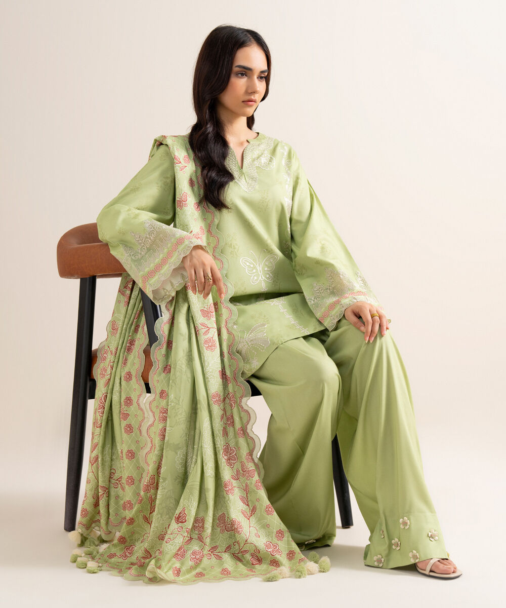 Women's Unstitched Embroidered Linen Light Mint Green 3 Piece Suit
