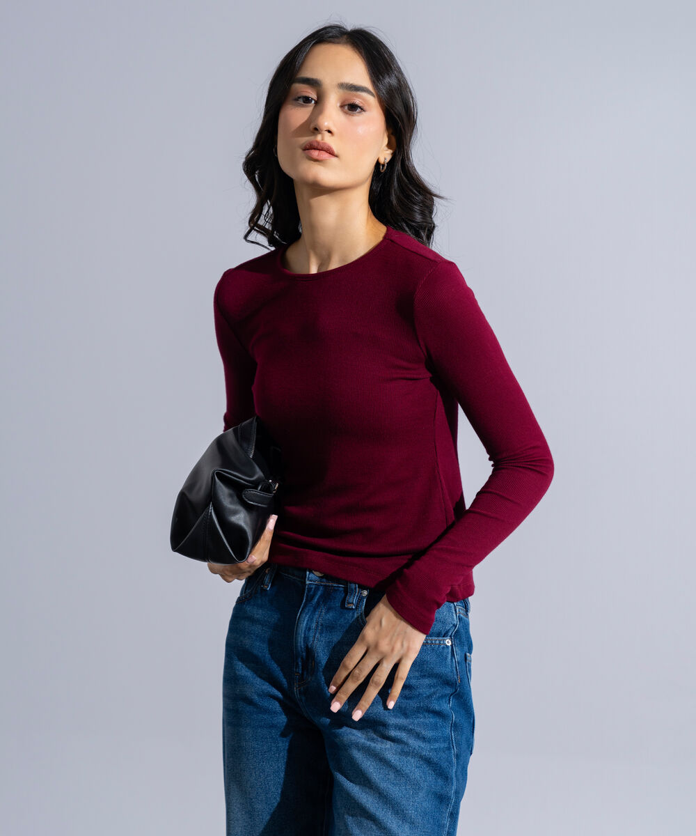Women's Western Wear Red Round Neck Knit Top