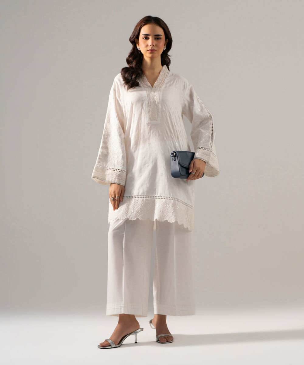 Women's RTW Self Jacquard Solid Embroidered Off White 2 Piece Suit