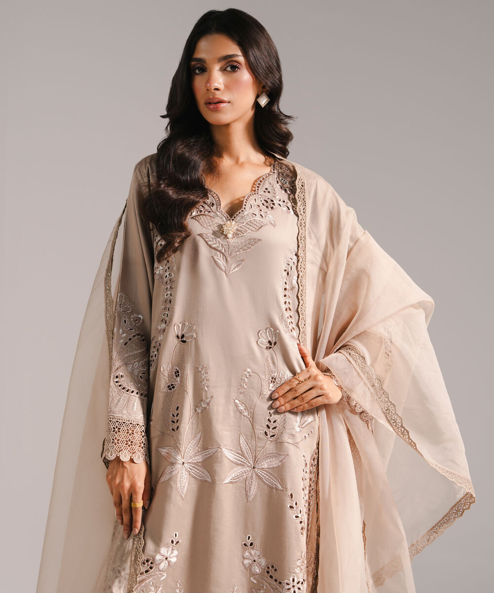Women's RTW Cotton Satin Embroidered Grey 3 Piece Suit
