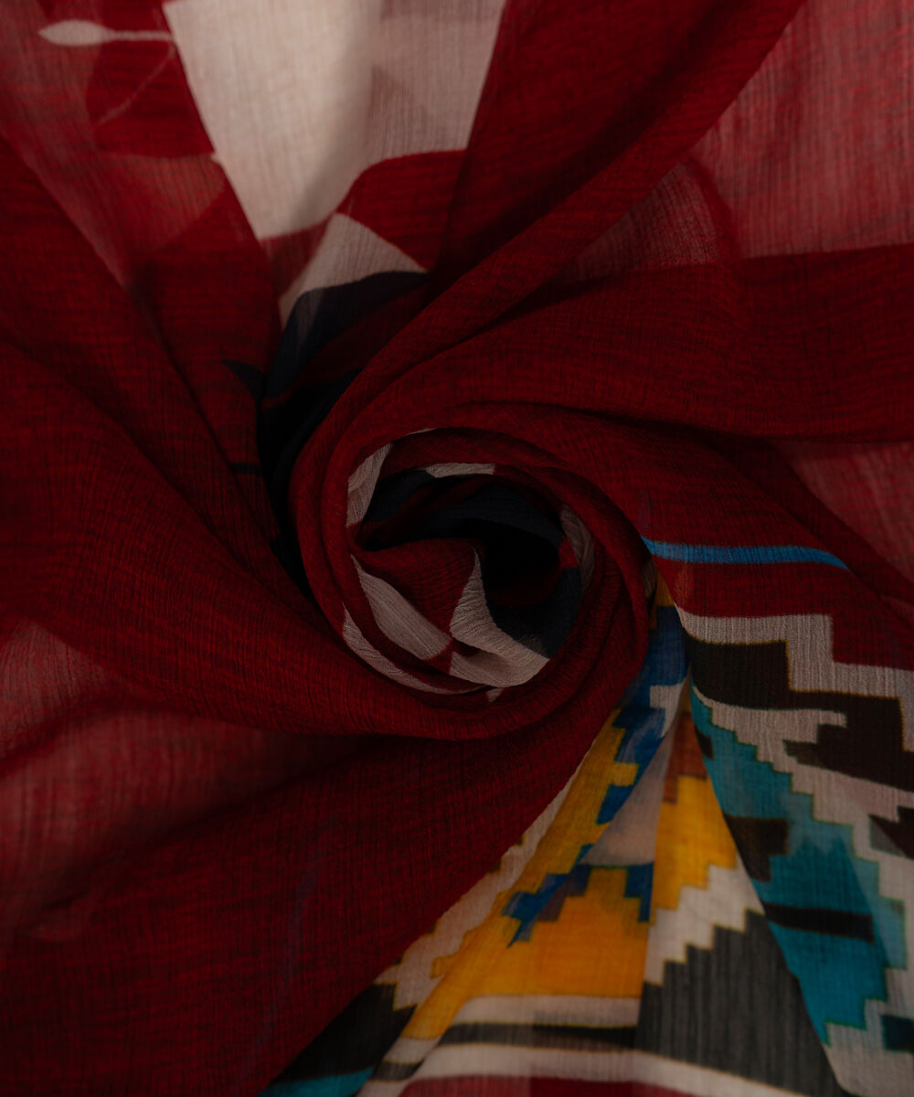 Women's RTW Blended Chiffon Printed Red Dupatta