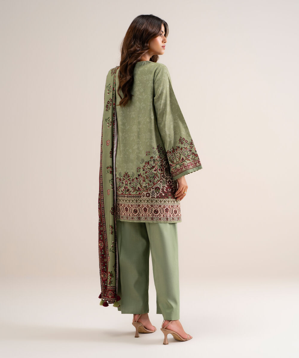 Women's Unstitched Printed Cotton Viscose Moss Green 3 Piece Suit