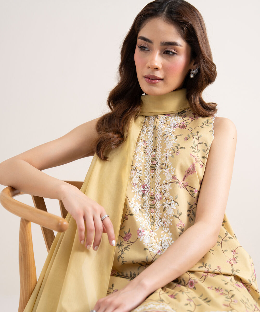 Women's Unstitched Lawn Embroidered Yellow 3 Piece Suit