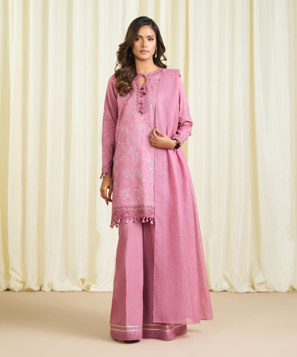 Women's Unstitched Cotton Jacquard Embroidered Pink 3 Piece Suit
