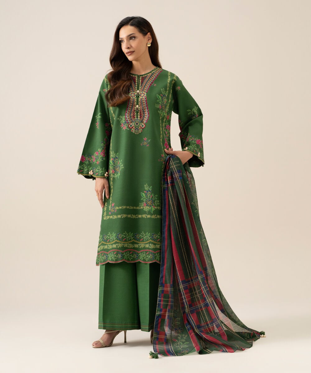 Women's Unstitched Light Khaddar Printed Green 3 Piece Suit