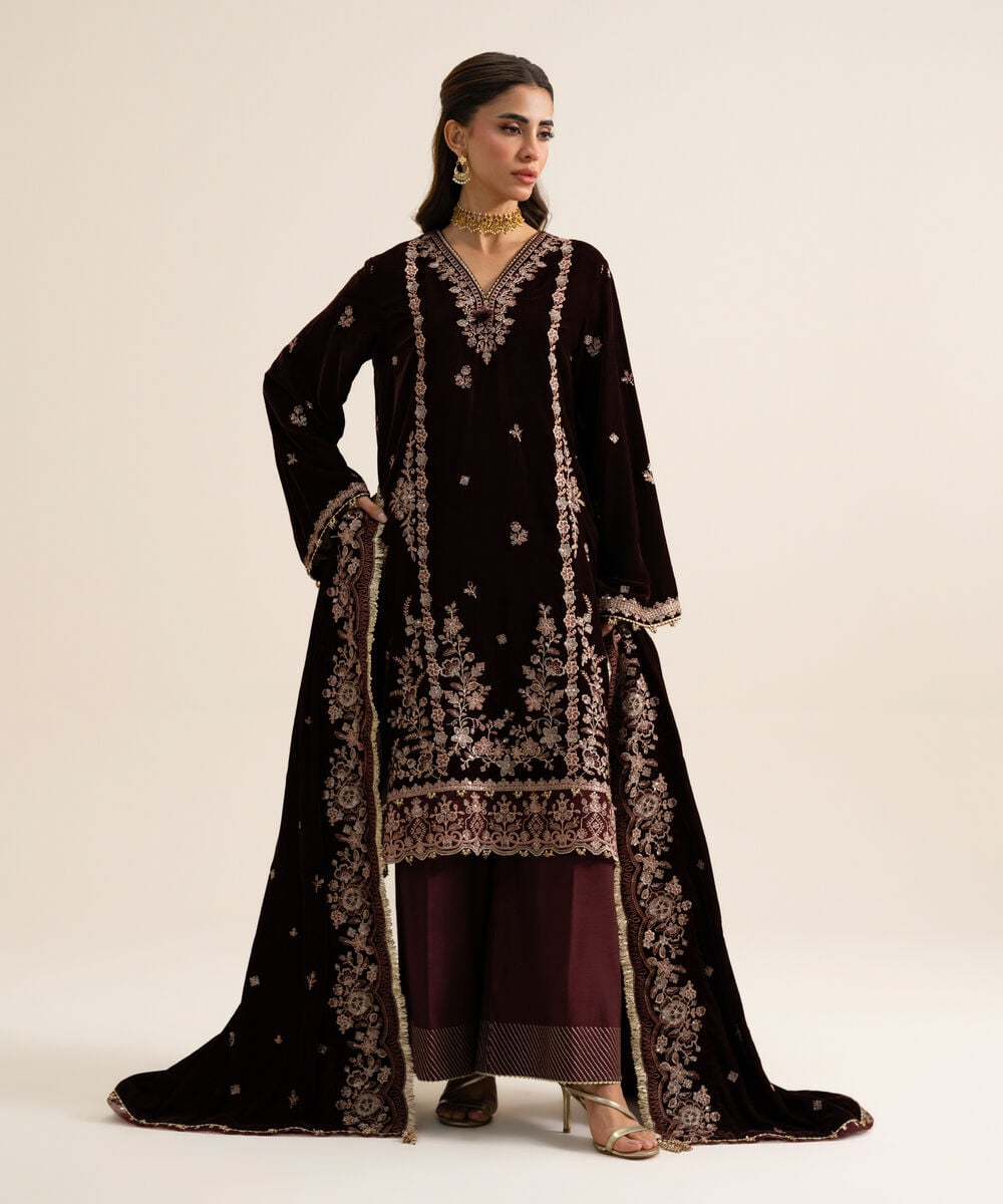 Women's Unstitched Velvet Embroidered Maroon 3 Piece Suit