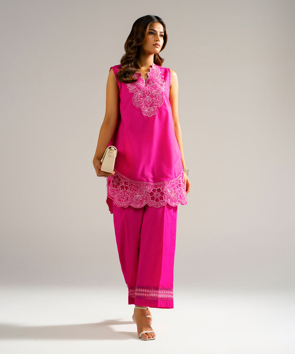 Women's RTW Self Jacquard Embroidered Pink 2 Piece Suit