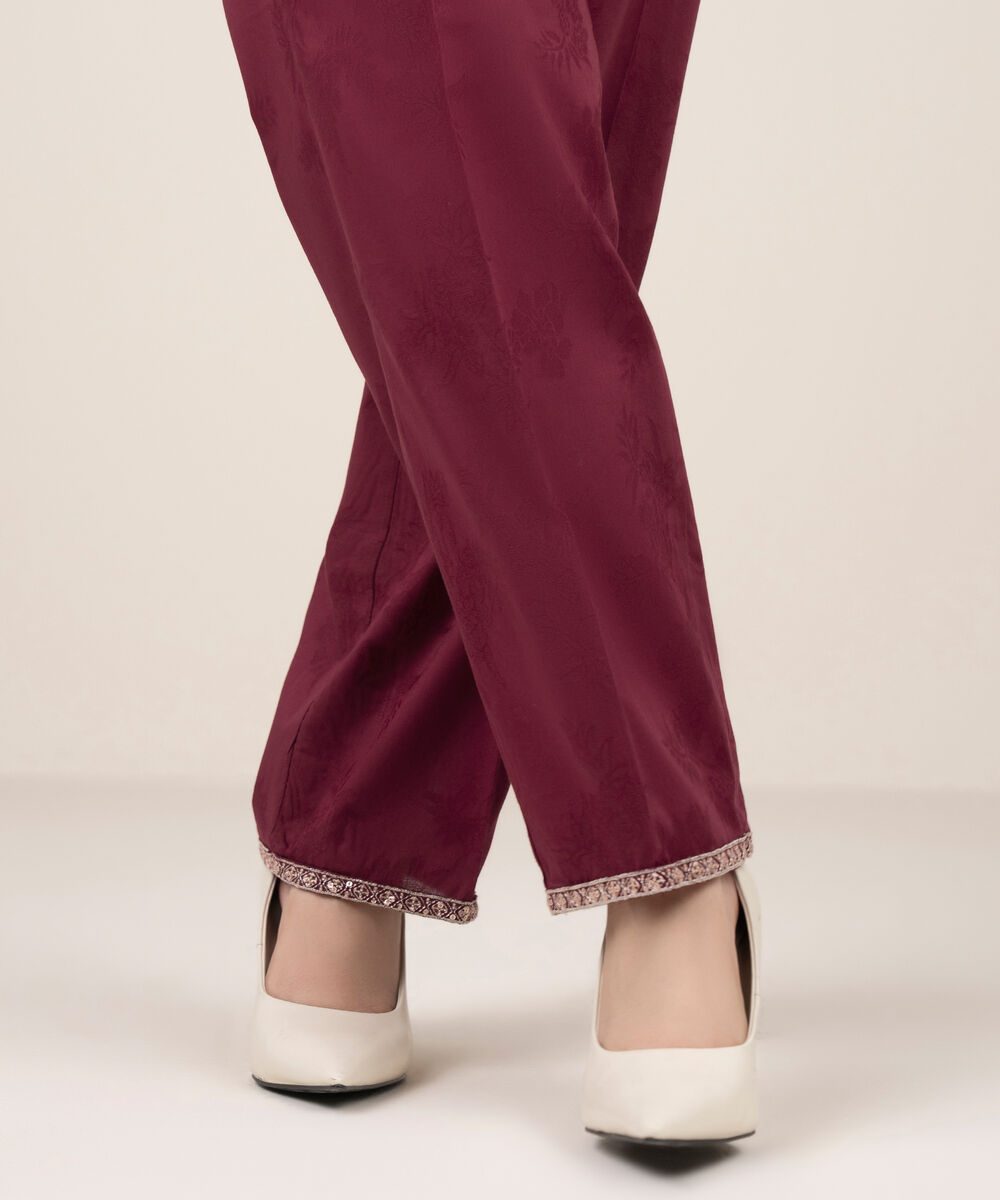 Women's RTW Self Jacquard Leno Embroidered Maroon Straight Pants