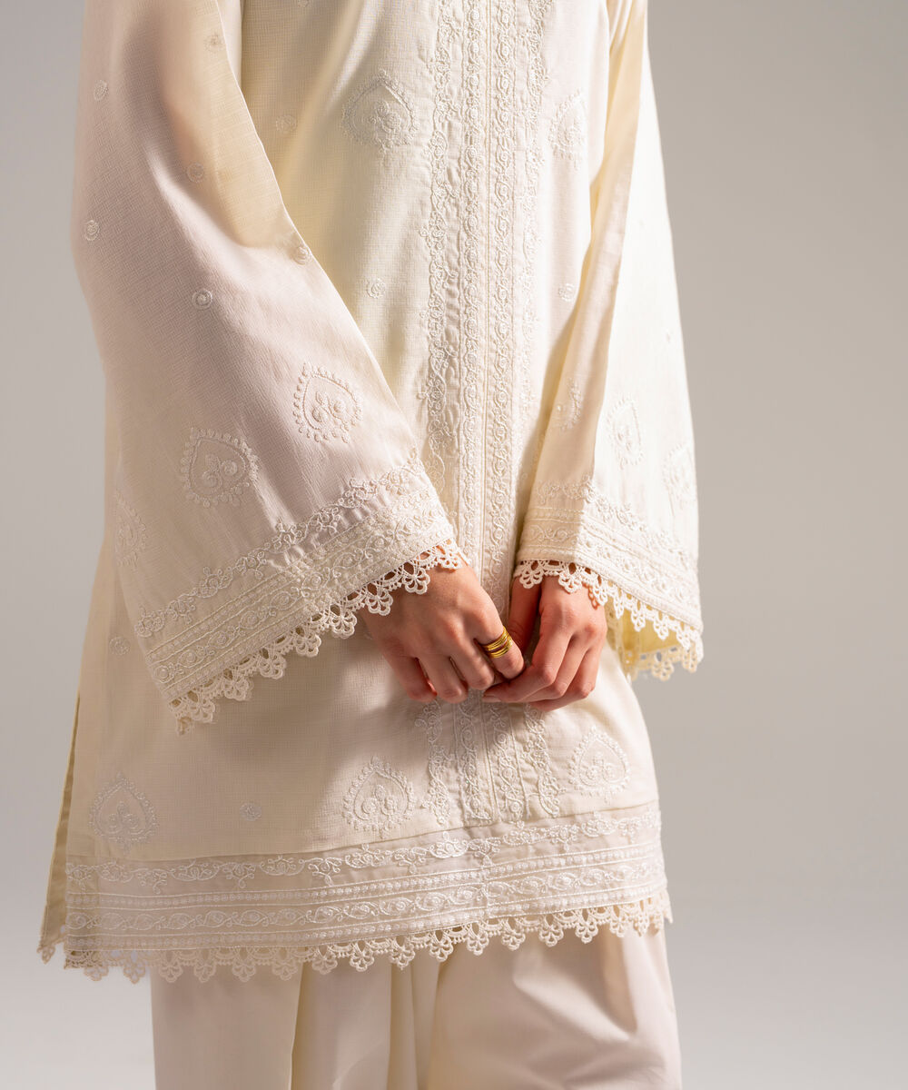 Women's RTW Dobby Embroidered Off White 3 Piece Suit