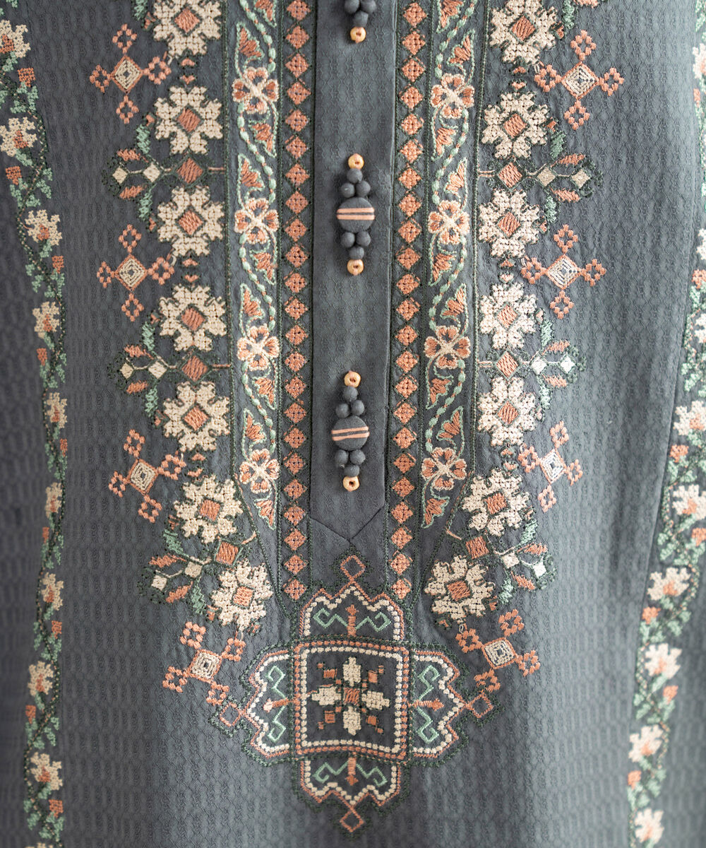 Women's Unstitched Dobby Embroidered Grey 3 Piece Suit