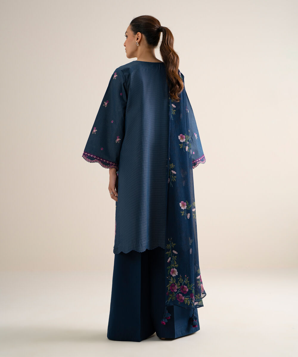 Women's Unstitched Zari Lawn Embroidered Blue 3 Piece Suit