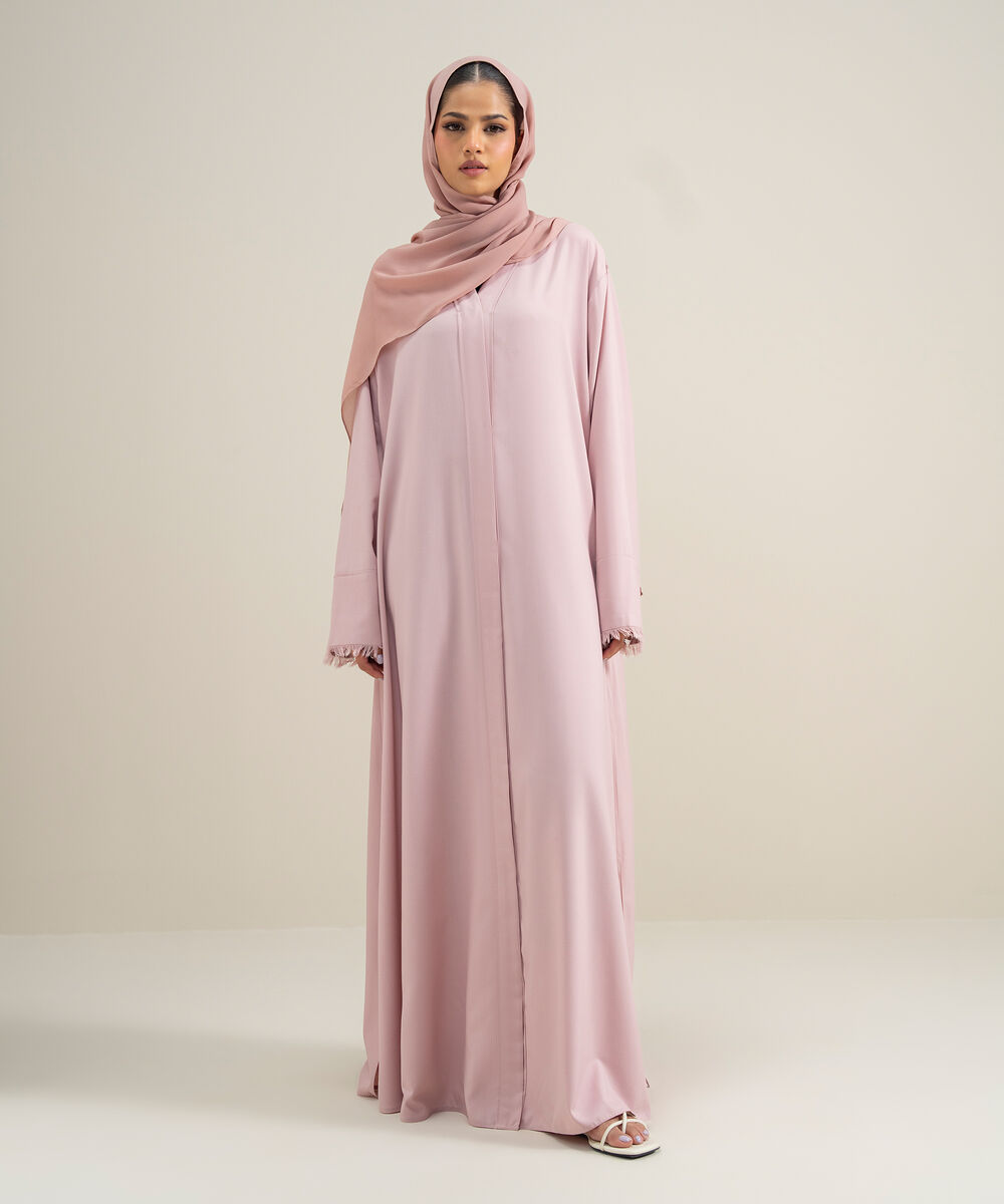 Women's Polyester Pink Front Open Regular Abbaya