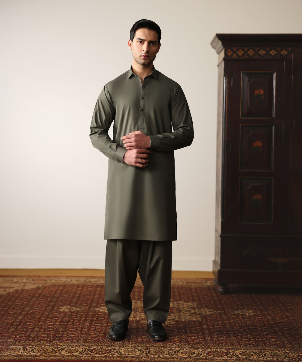 Men's Unstitched Two-Piece Olive Green Premium Slub Cotton Suit