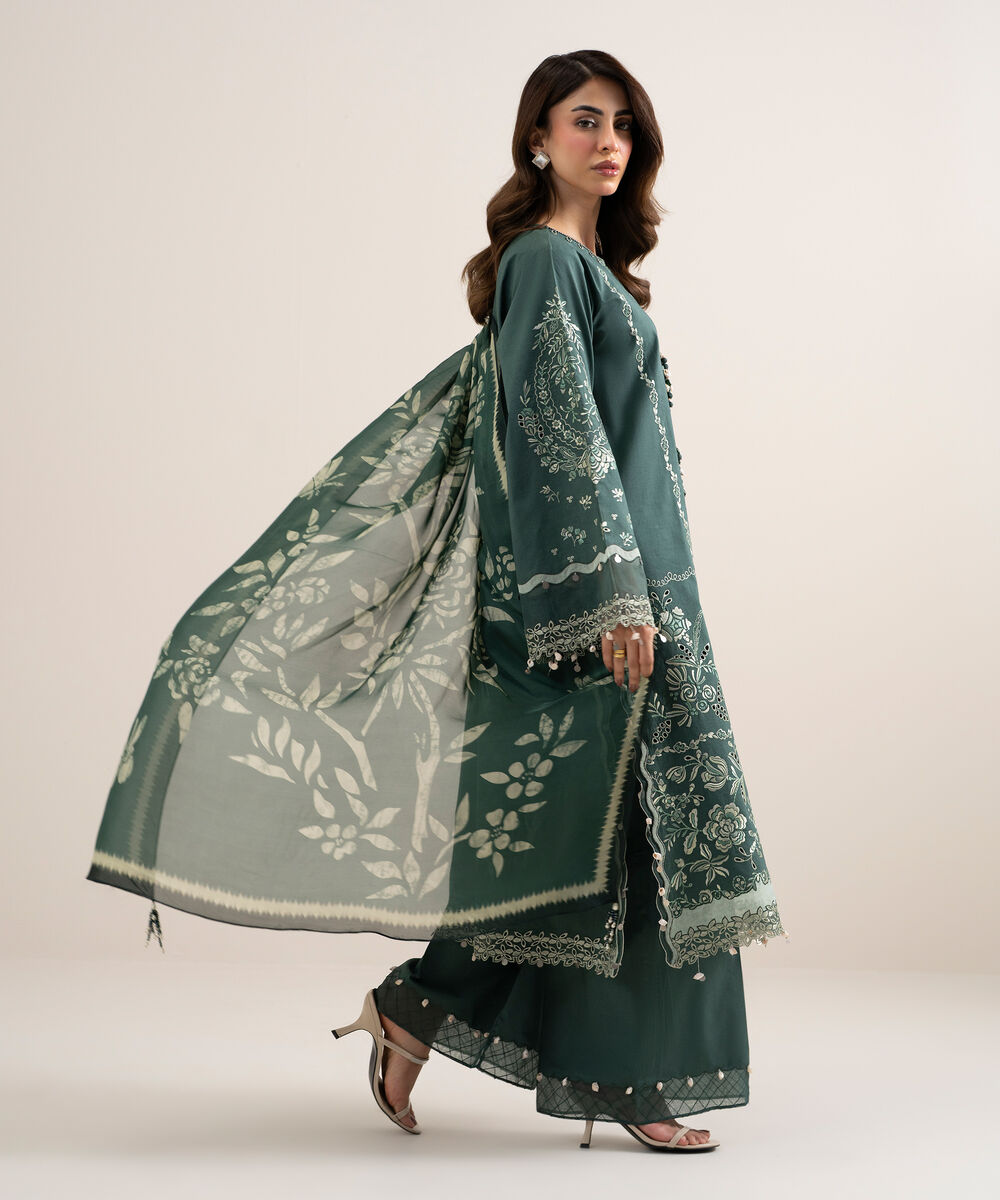 Women's Unstitched Dobby Embroidered Green 3 Piece Suit