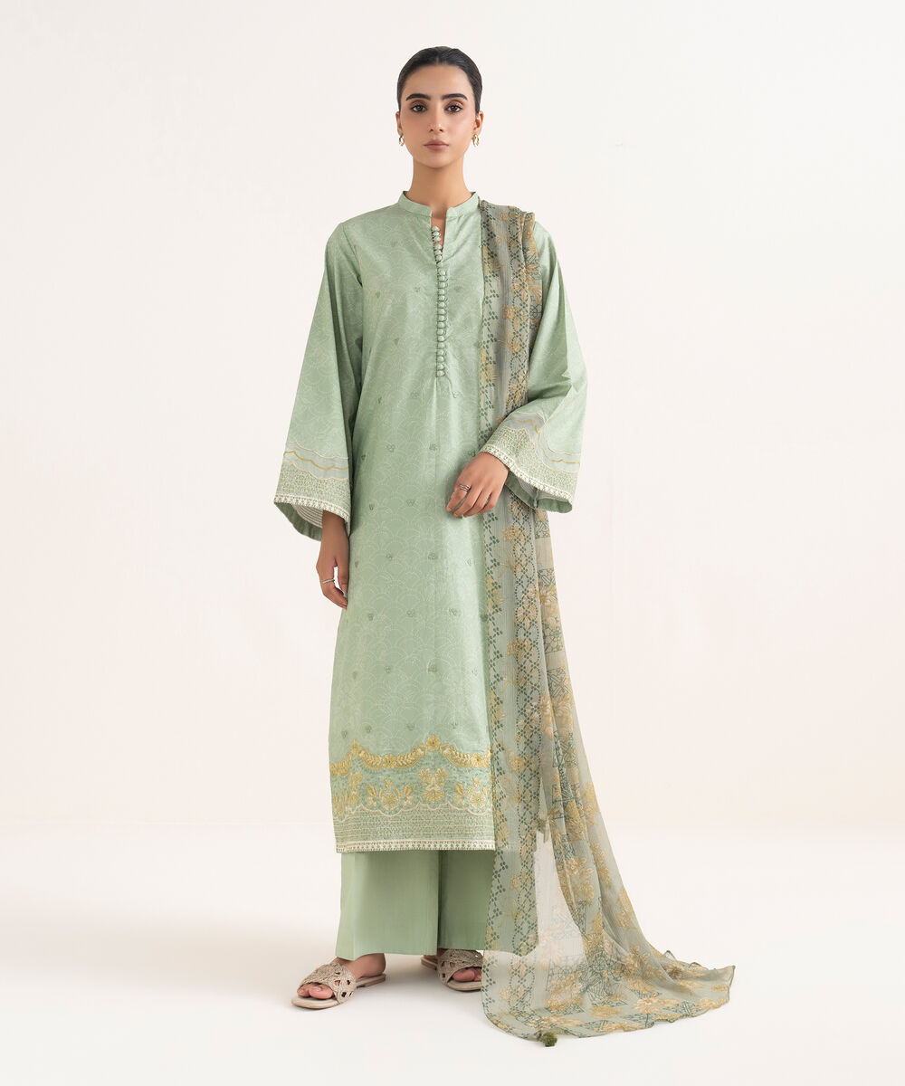 Women's Unstitched Cotton Embroidered Green Three Piece Suit