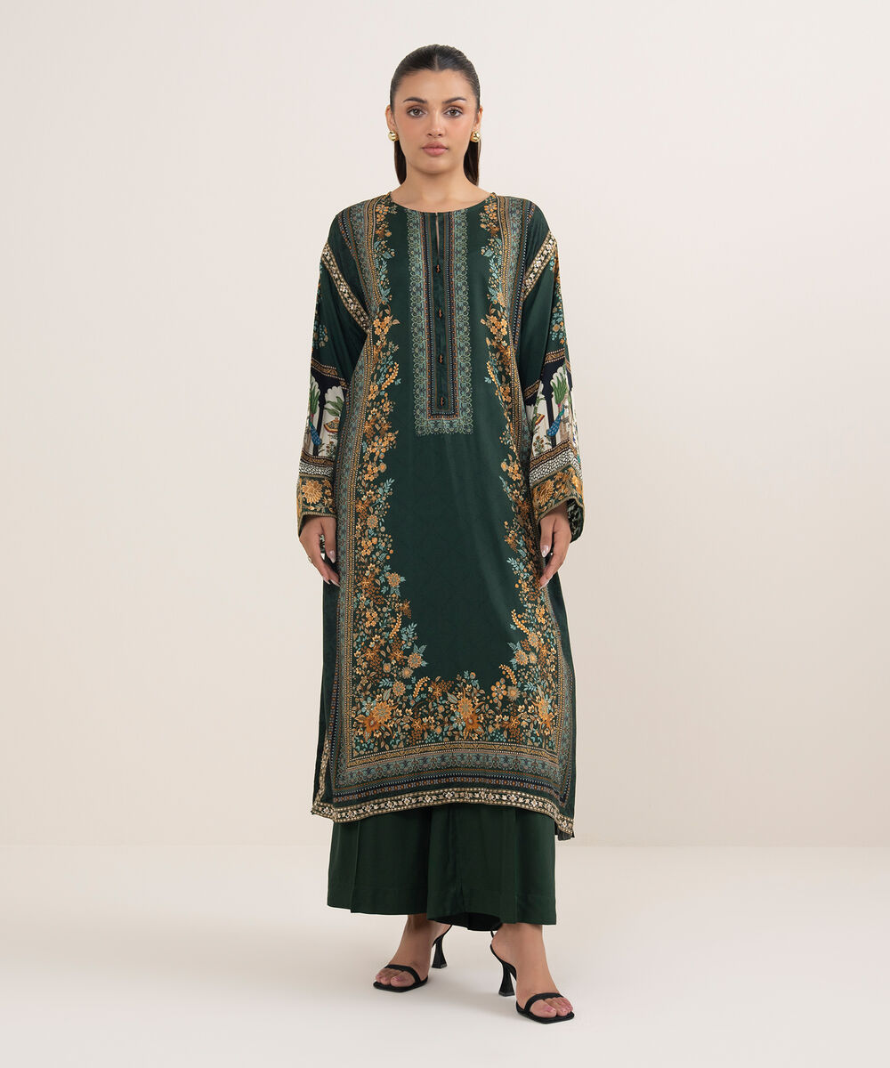 Women's RTW Arabic Lawn Green Printed Drop Shoulder Shirt