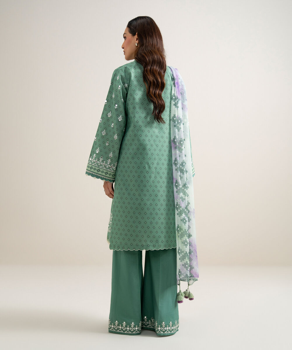 Women's Unstitched Zari Lawn Embroidered Green 3 Piece Suit