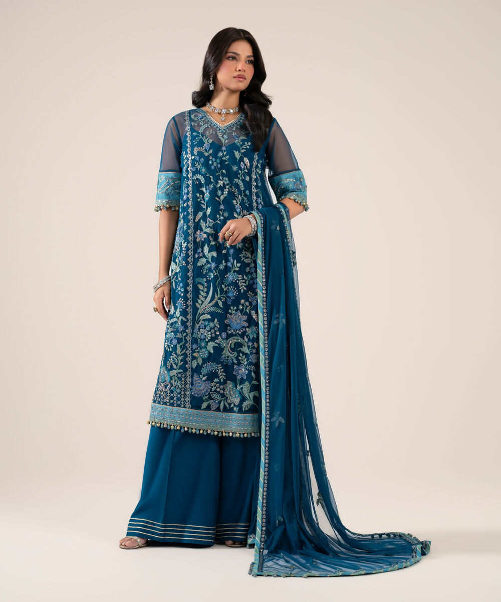 Women's Unstitched Net Embroidered Teal Green 3 Piece Suit