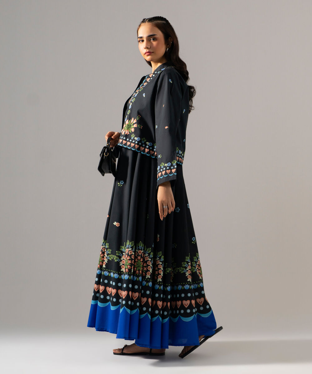 Women's RTW Cambric Printed Black Waist Coat