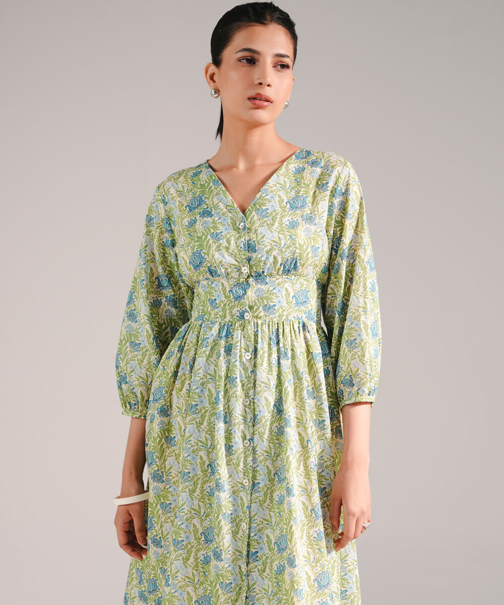 Women's RTW Slub Lawn Printed Green Dress