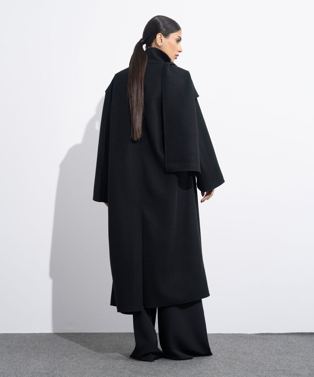 Women's Western Wear Black Long Coat With Scarf