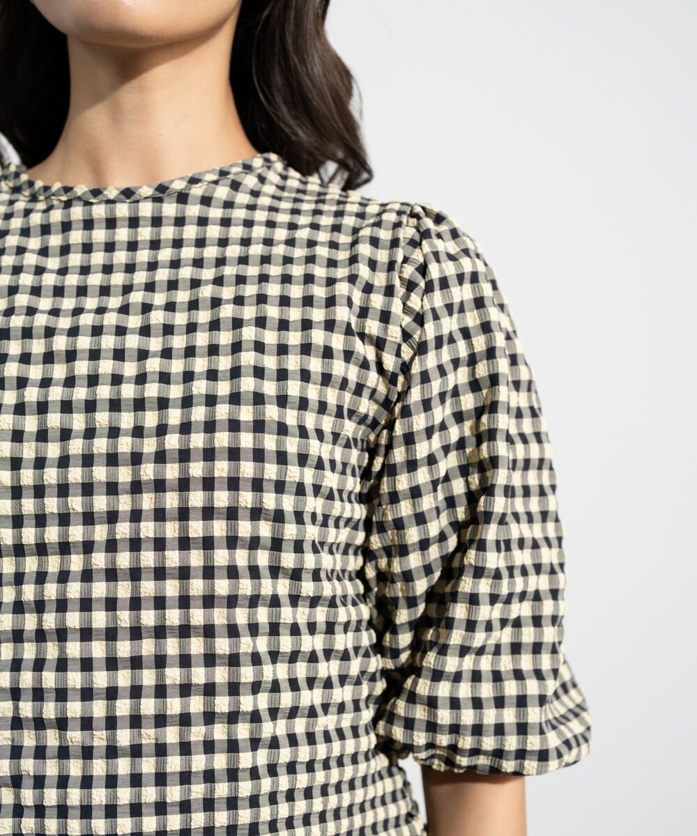 Women's Western Black And Yellow Seersucker Gingham Top