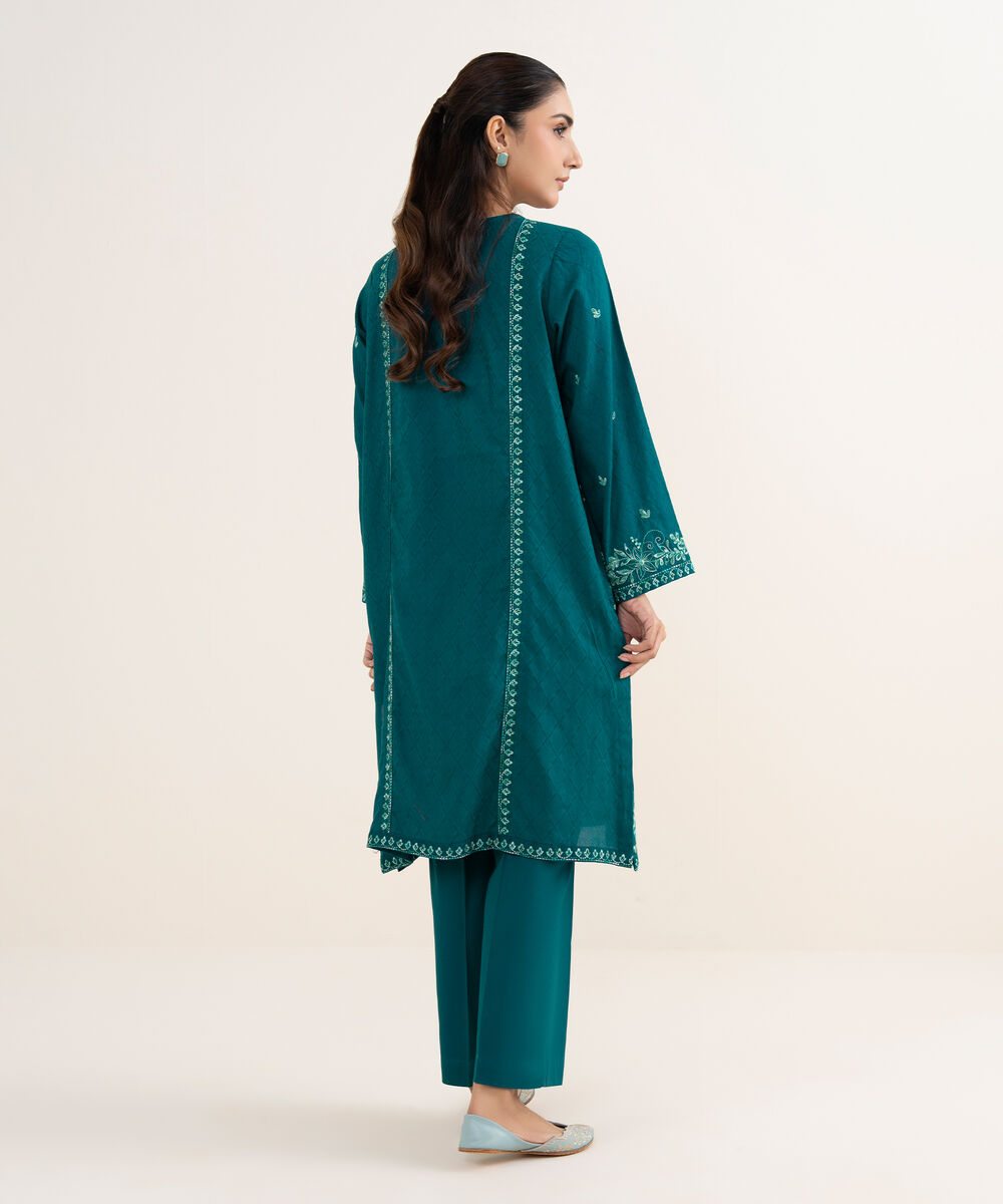 Women's RTW Cotton Embroidered Teal Straight Shirt