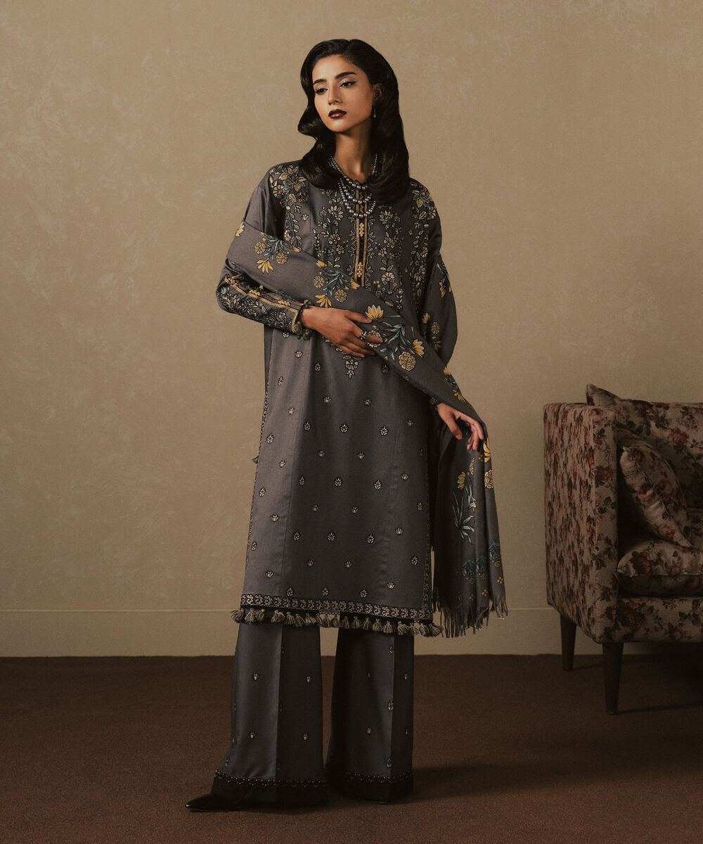Women's Unstitched Embroidered Fine Cotton Satin Grey 3 Piece Suit