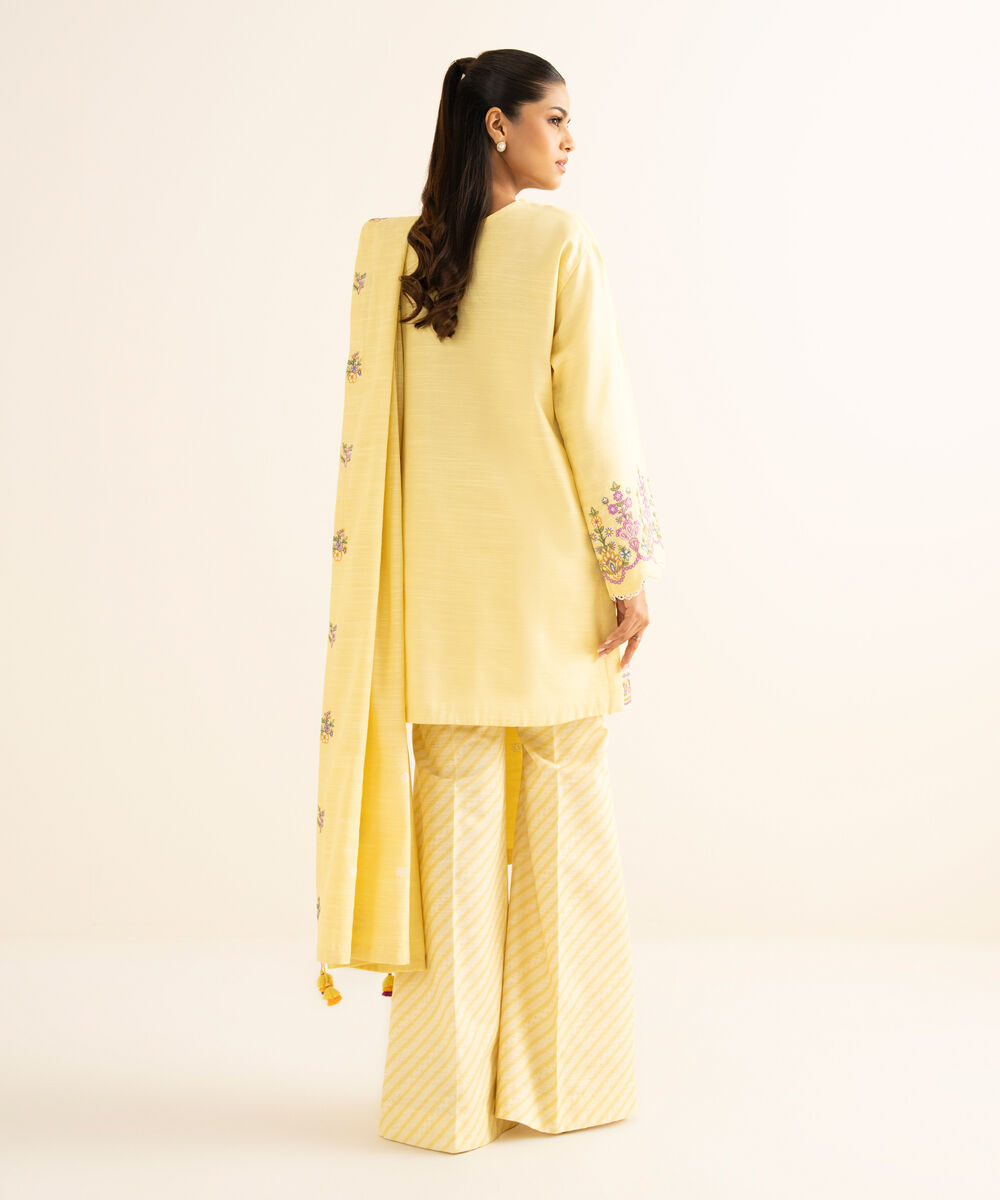 Women's Unstitched Cotton Embroidered Yellow 3 Piece Suit