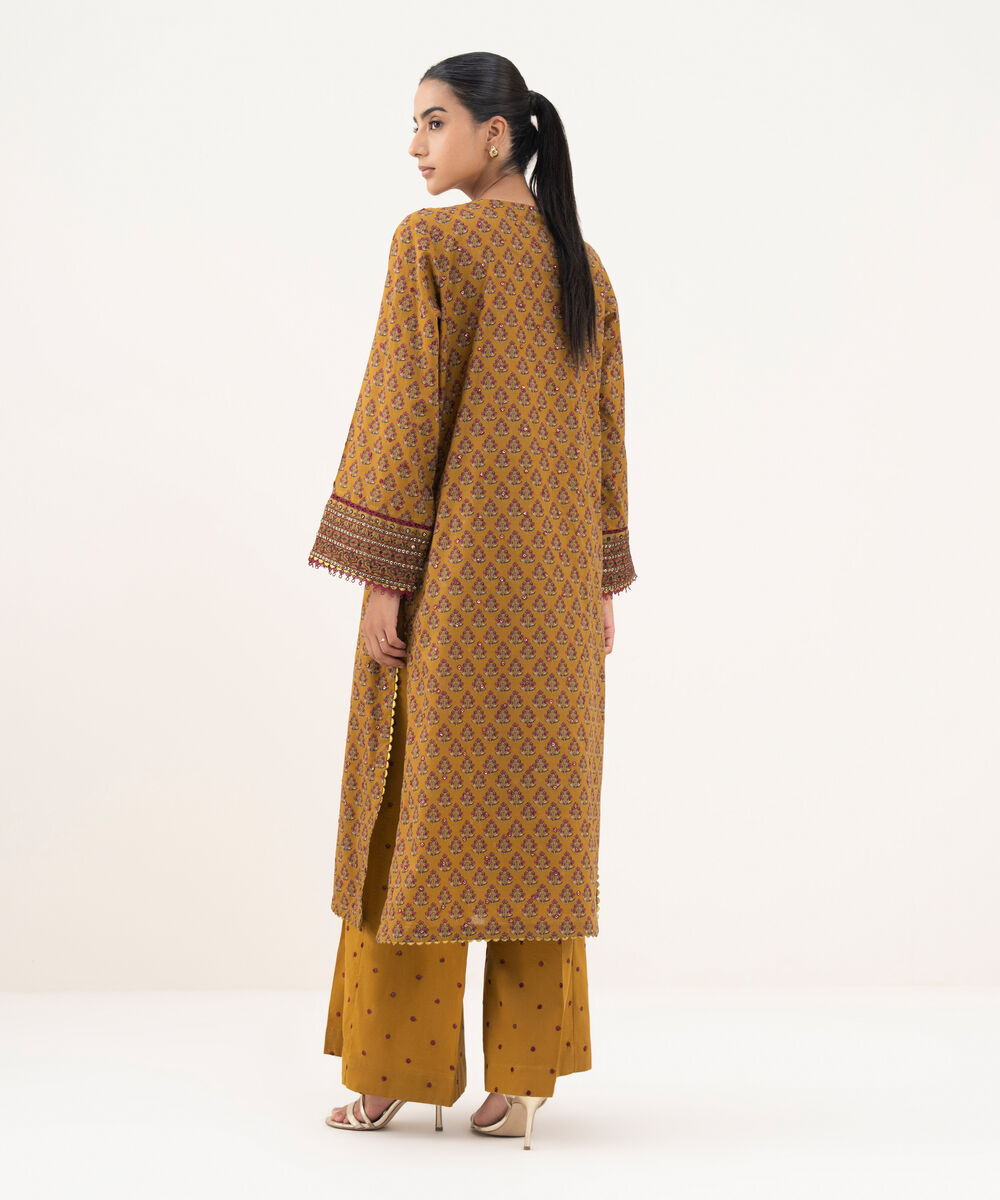 Women's RTW Textured Lawn Mustard Embroidered A-Line Shirt