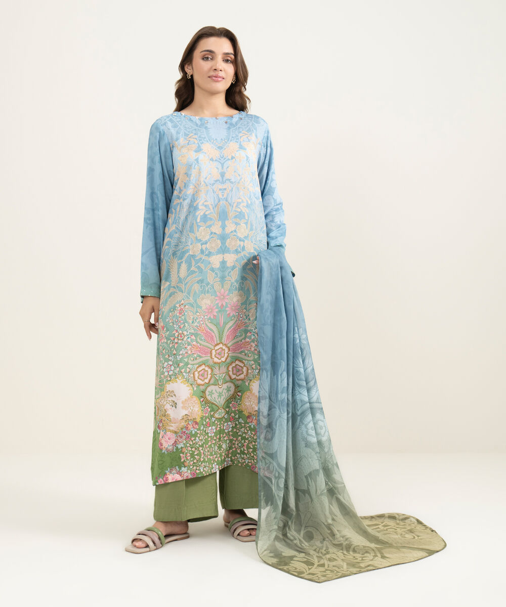 Women's RTW Viscose Raw Silk Printed Green 3 Piece Suit