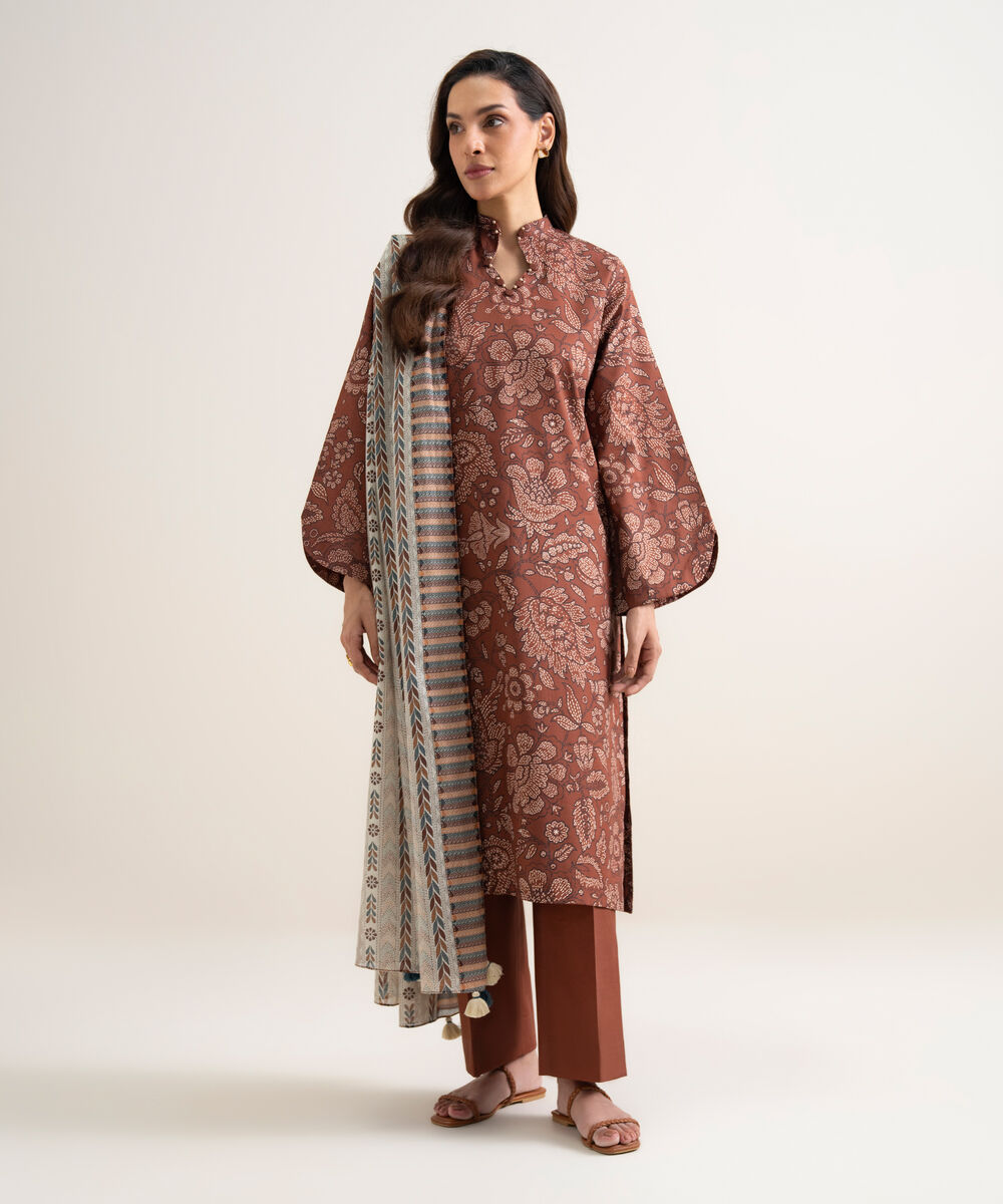 Women's Unstitched Lawn Printed Brown 3 Piece Suit