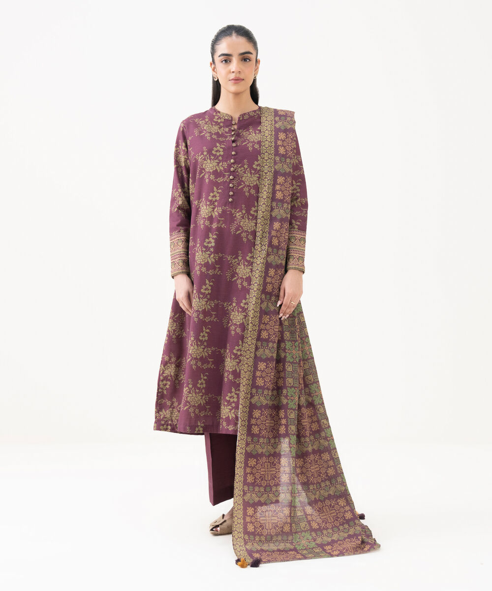 Women's Unstitched Khaddar Printed Red 3 Piece Suit