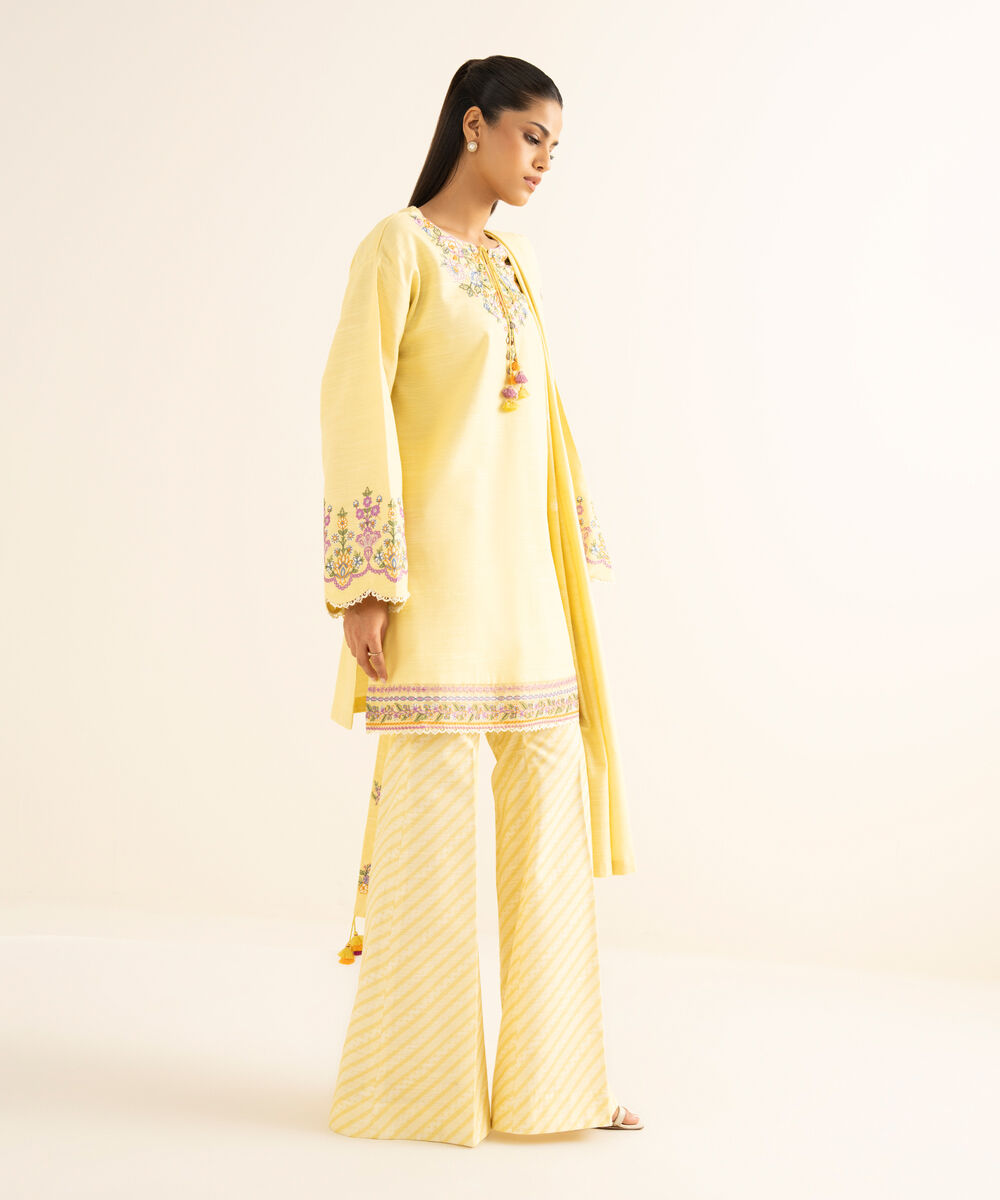 Women's Unstitched Khaddar Embroidered Yellow 3 Piece Suit
