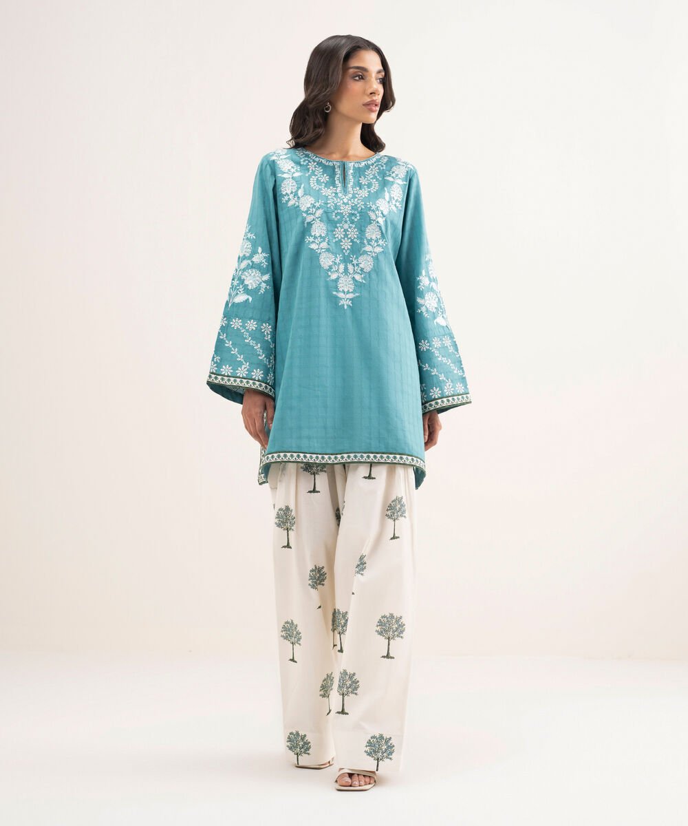 Women's RTW Dobby Embroidered Blue Straight Shirt