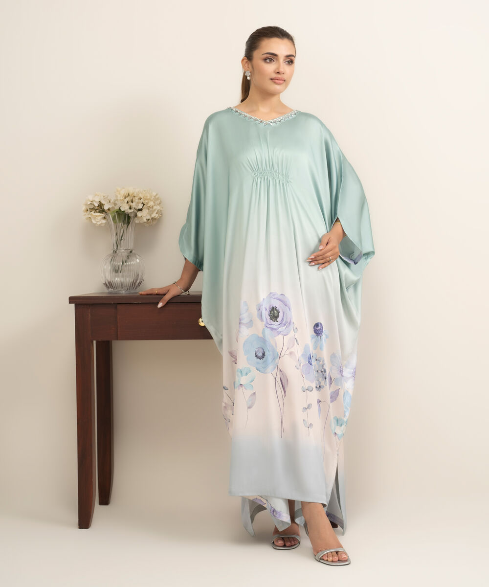 Women's RTW Blended Satin Printed Green Kaftan