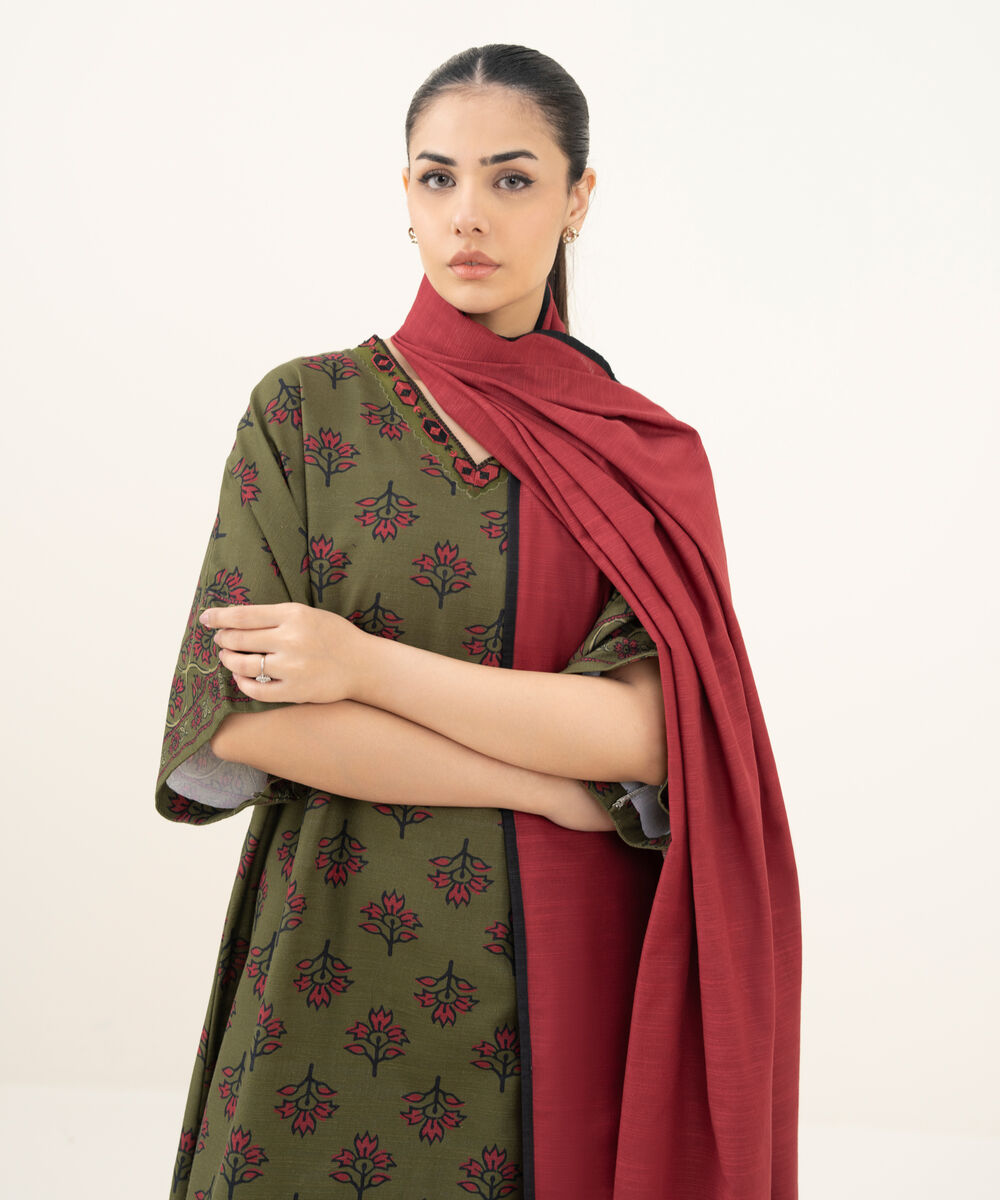 Women's Unstitched Printed Khaddar Olive Green 3 Piece Suit