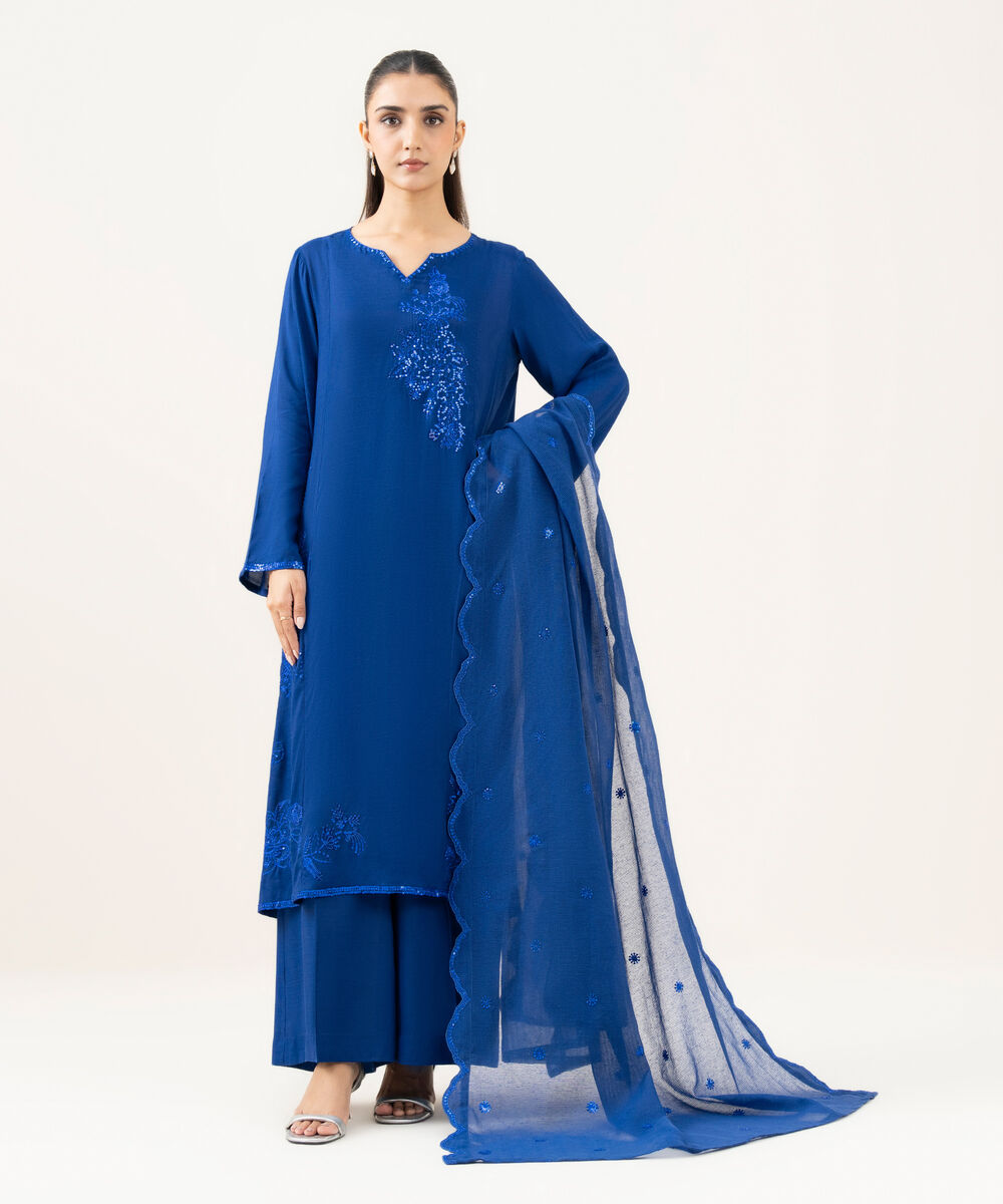 Women's RTW Viscose Raw Silk Blue Dyed Three Piece