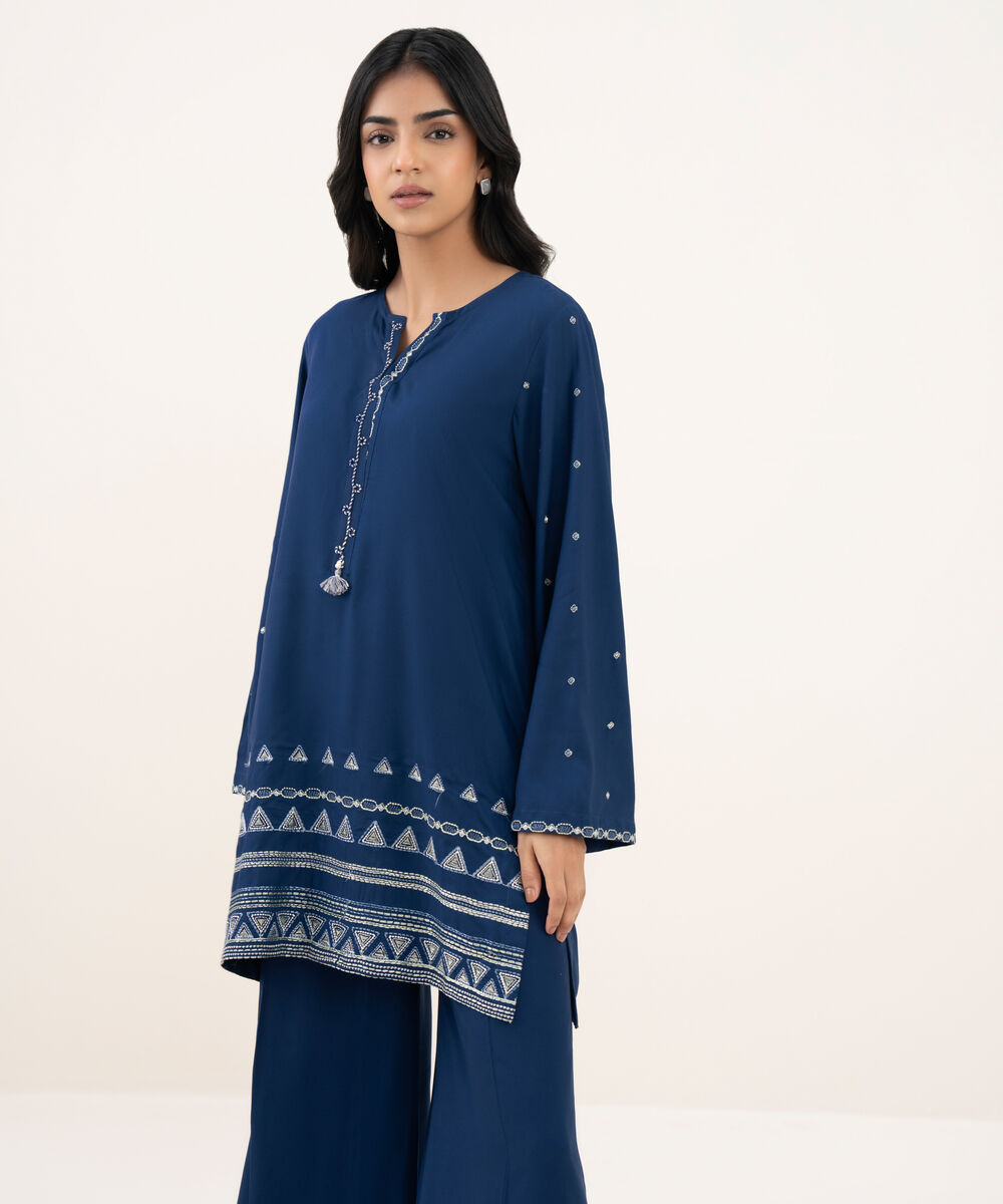 Women's RTW Viscose Linen Embroidered Blue Shirt