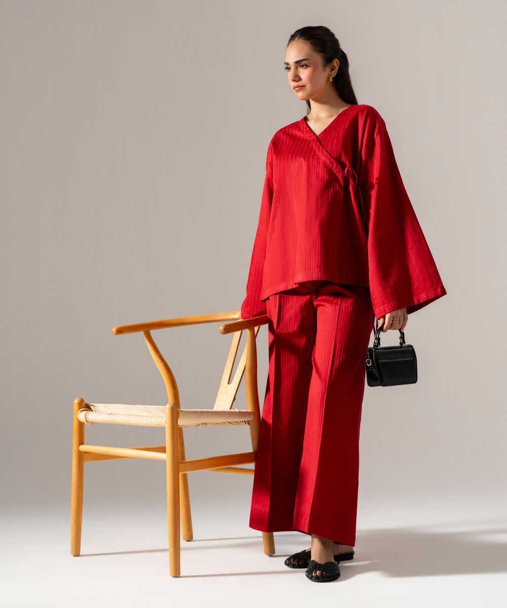 Women's RTW Dobby Strip Solid Red 2 Piece Suit