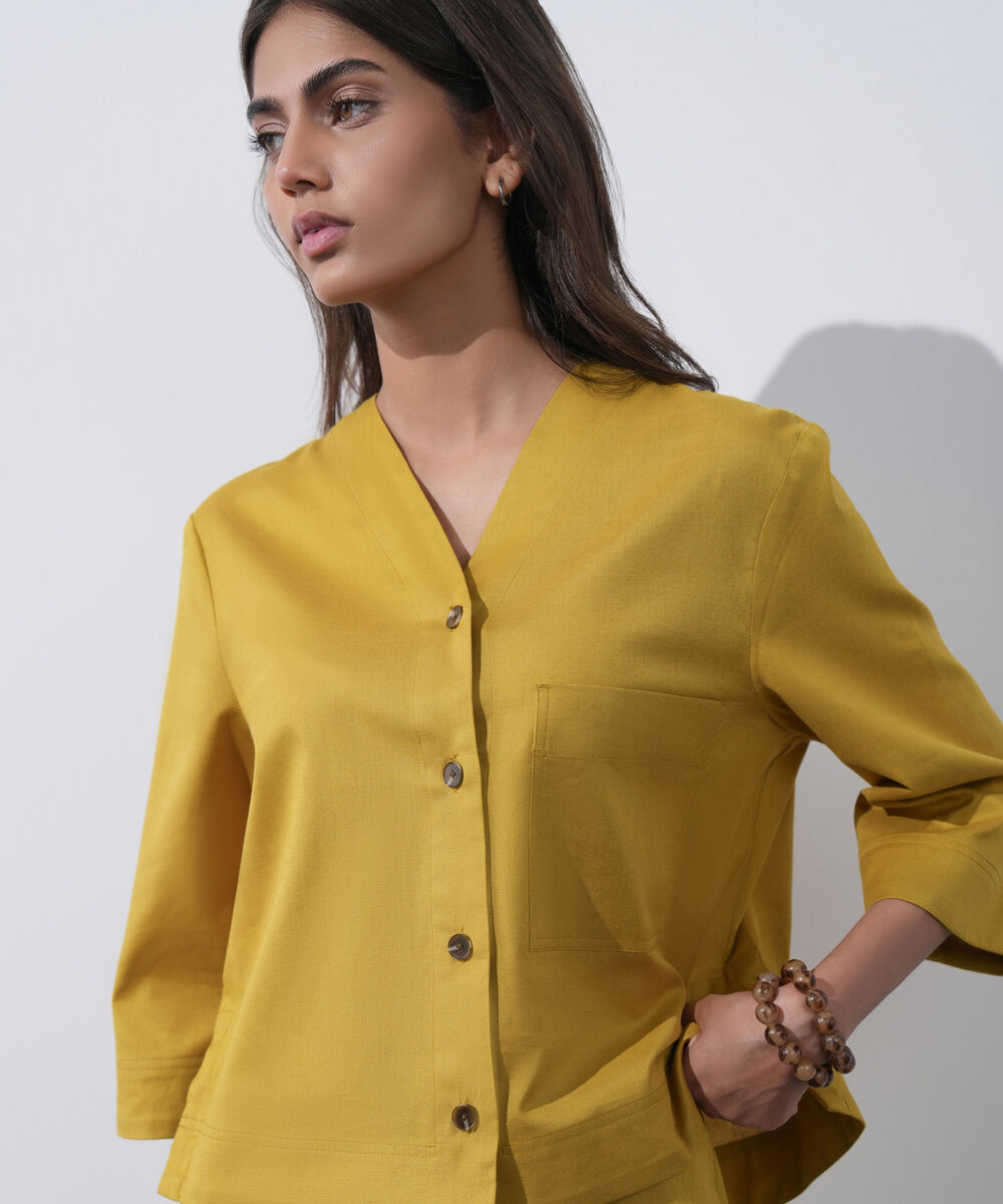 Women's Western Wear Mustard V-Neck Linen Blend Shirt