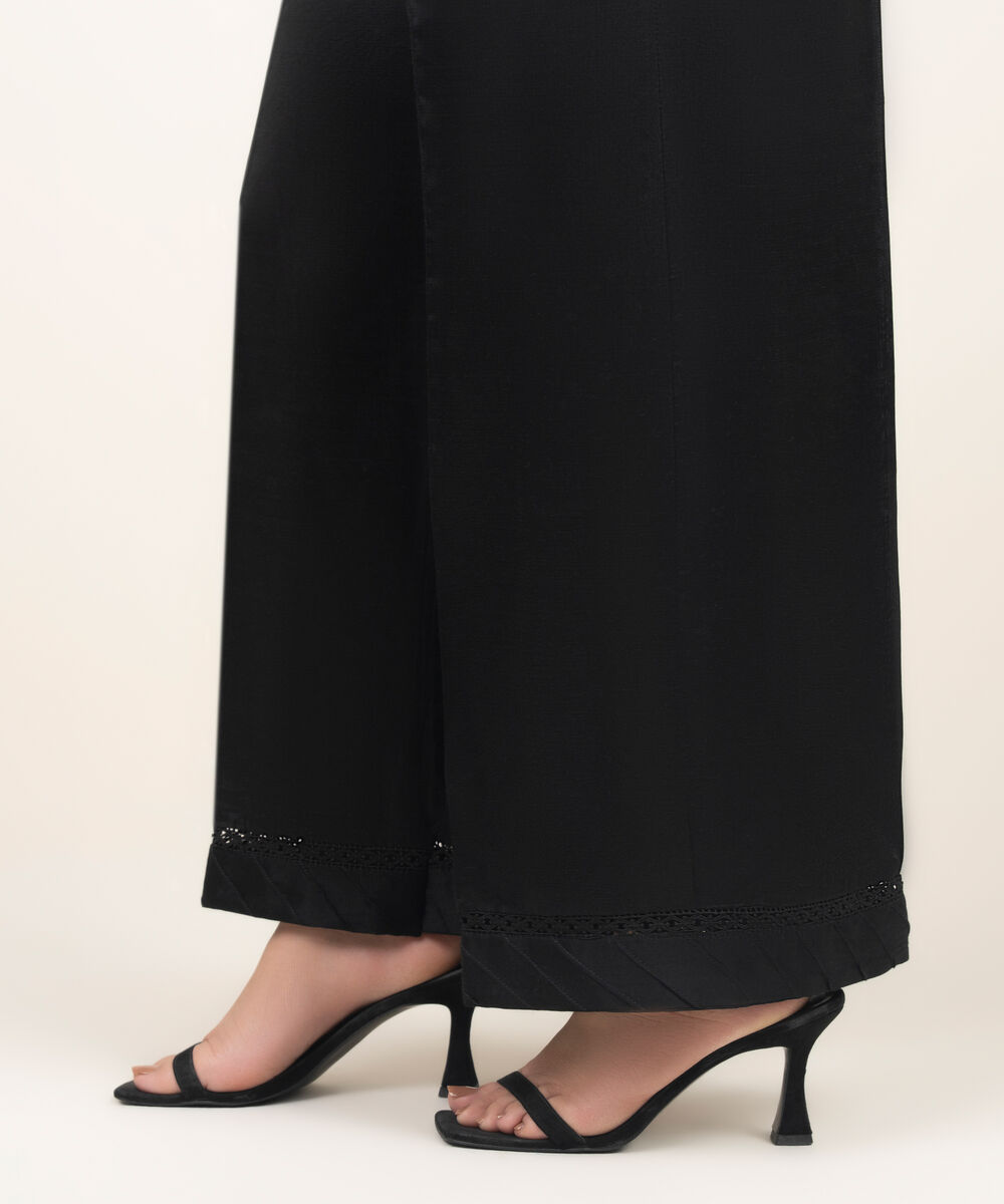 Women's RTW Viscose Raw Silk Solid White Straight Pants