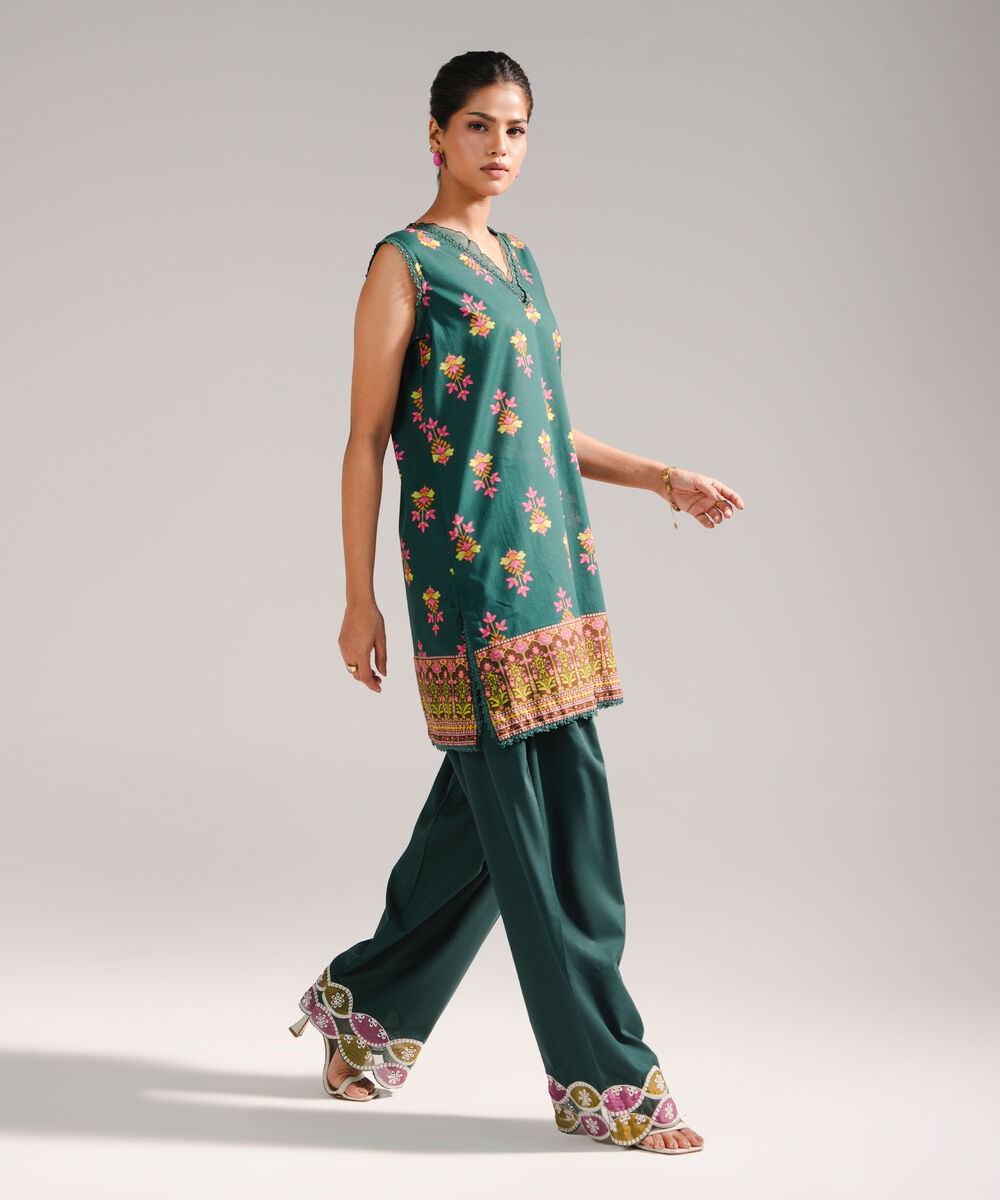 Women's RTW Slub Lawn Printed Dark Green Straight Shirt