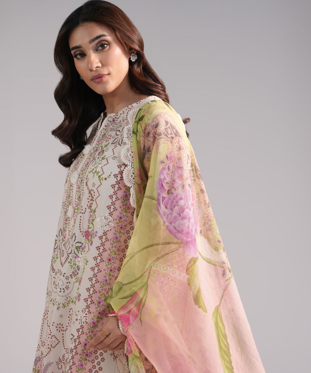 Women's RTW Lawn Embroidered Off White 3 Piece Suit