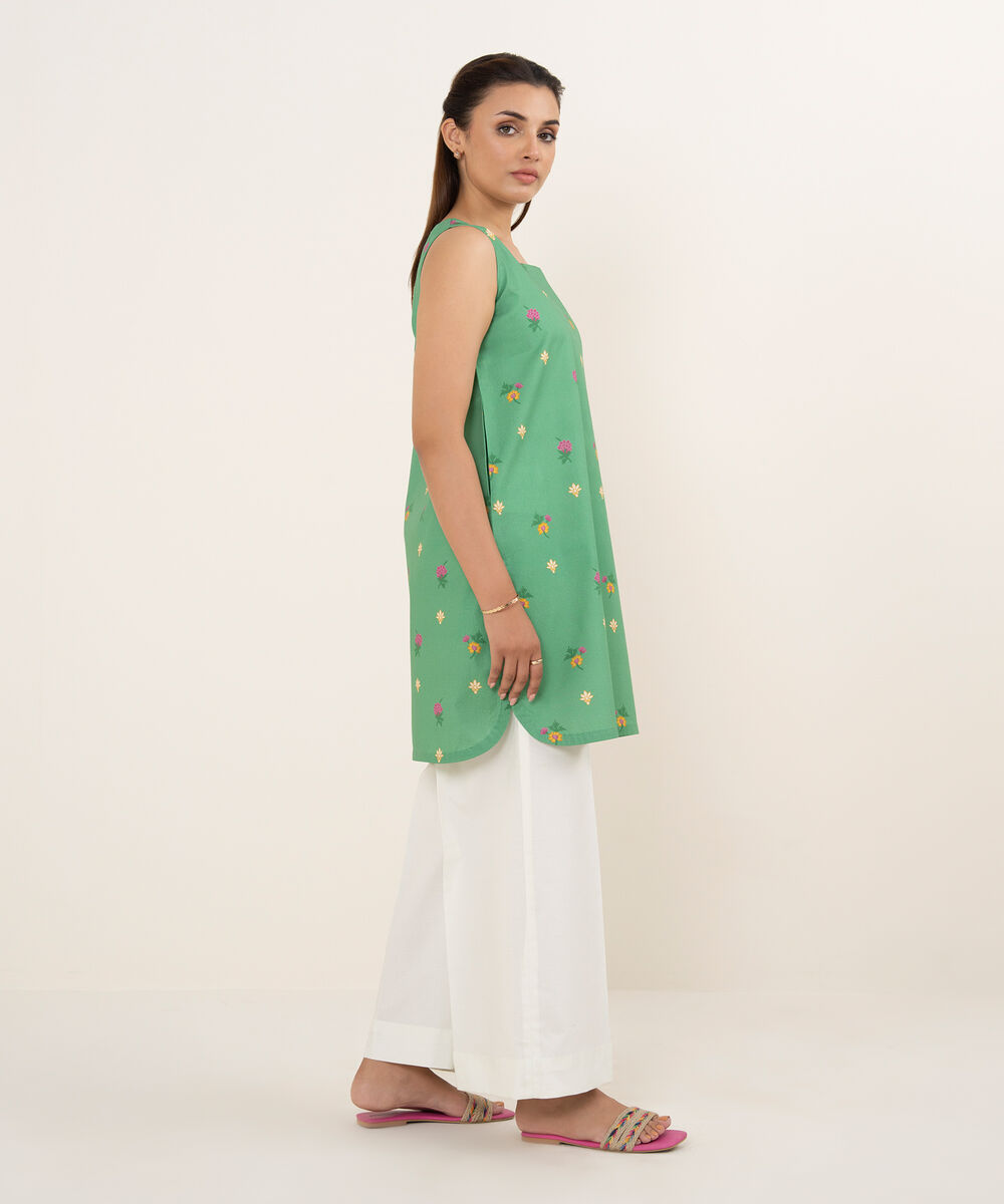 Women's Unstitched Cotton Printed Green Shirt