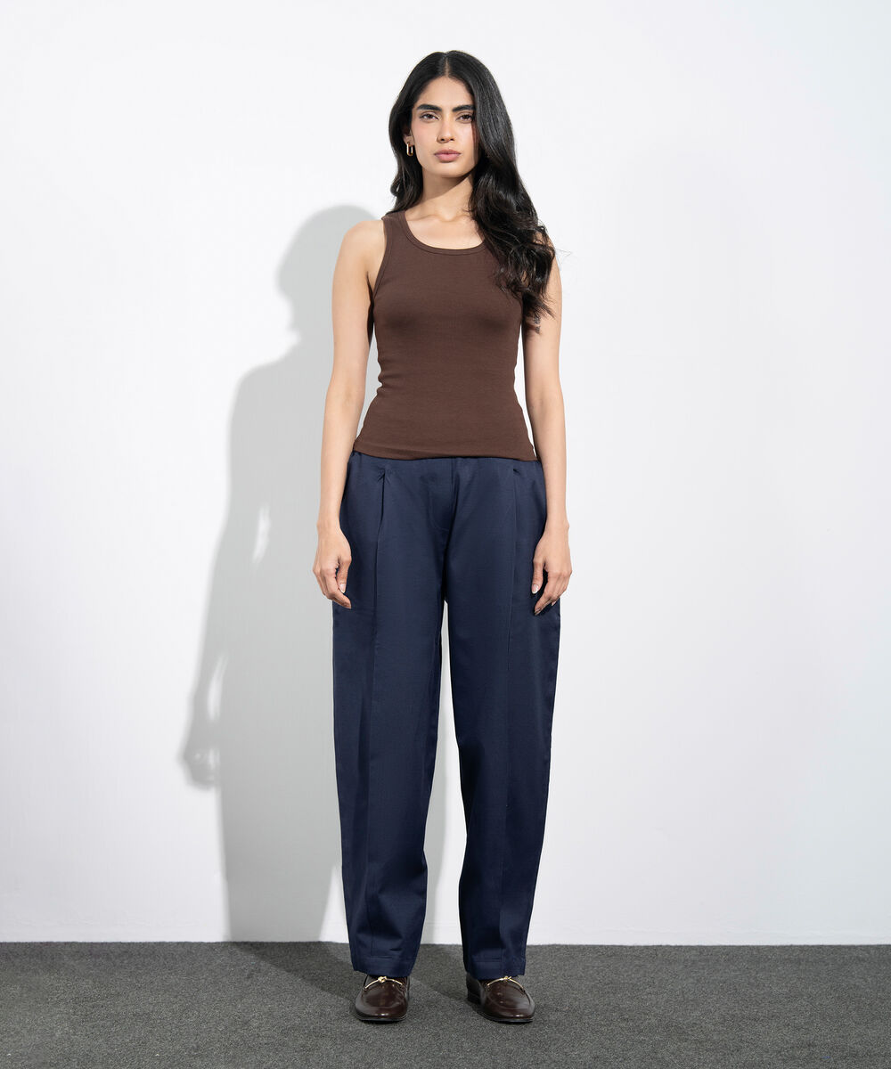 Women's Western Navy Pleated Barrel Linen Blend Trousers